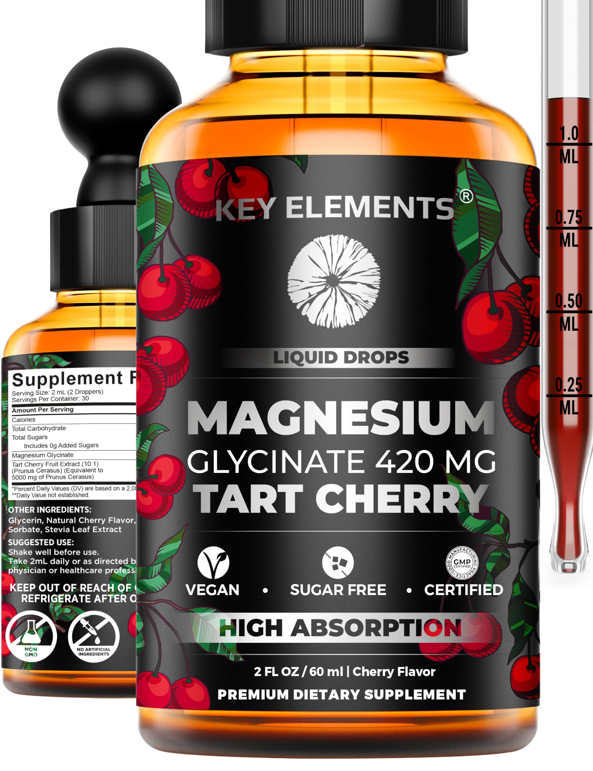 Liquid Magnesium Glycinate 420 Mg with Natural Tart Cherry Extract | Magnesium Glycinate Drops Supplement for Sleep, Mood & Mobility Support | Tart Cherry Extract KEY ELEMENTSAu supplements