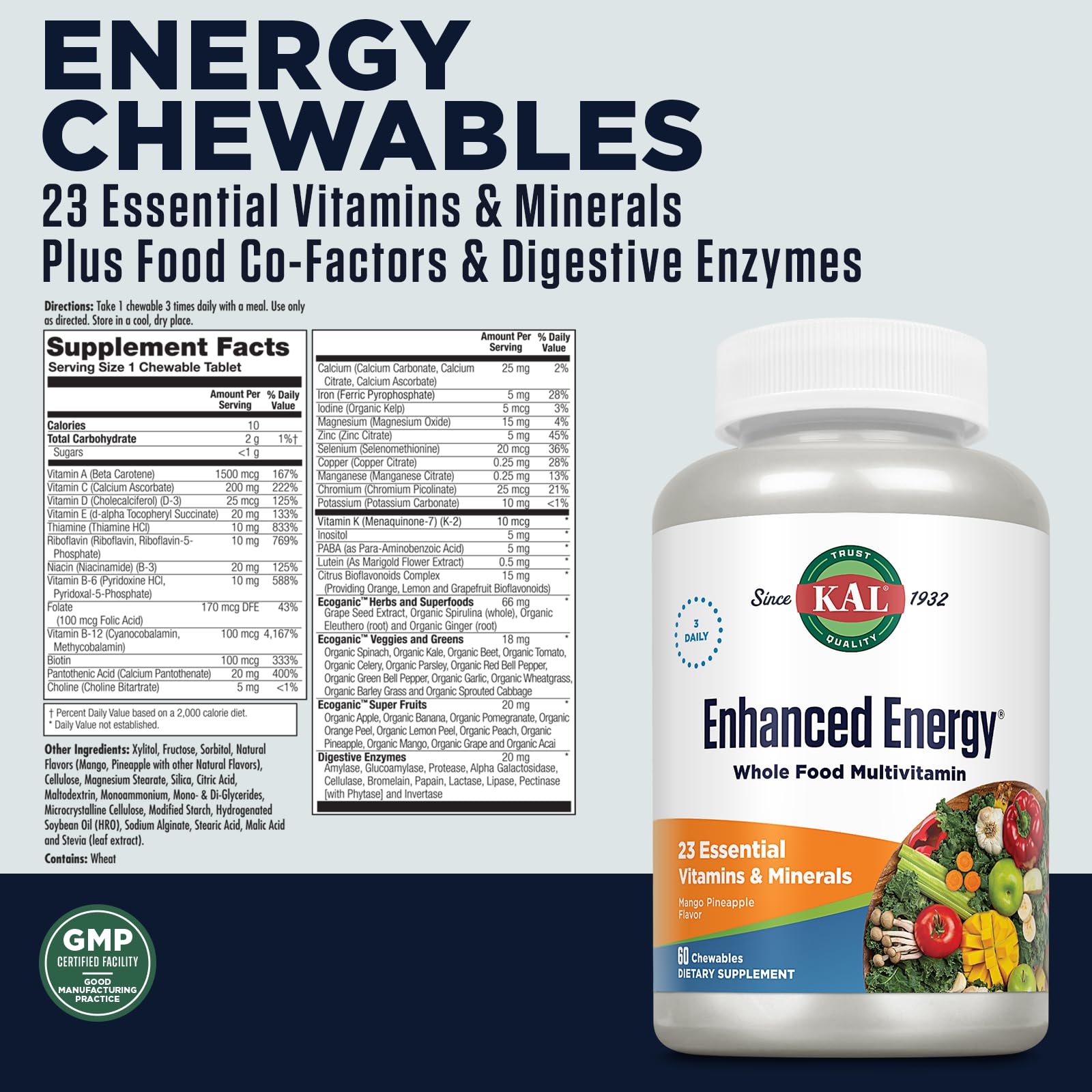 KAL Enhanced Energy Supplements, Whole Food Chewable Multivitamin with Iron, 3 Daily, 23 Essential Vitamins and Minerals, Super Foods, Enzymes, Mango Pineapple Flavor, 60-Day Guarantee, 20 Serv, 60ct KALAu supplements