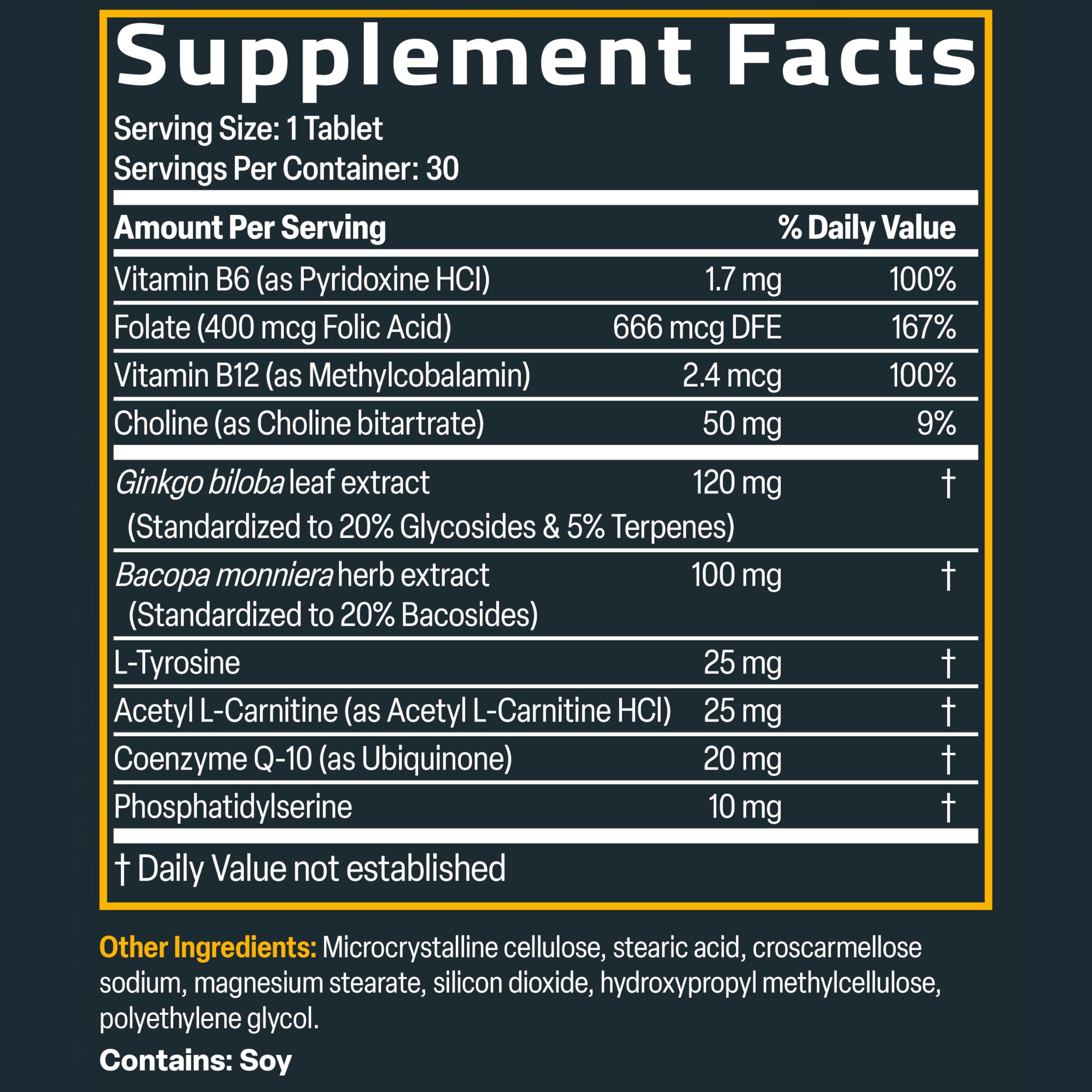 Bronson Ginkgo, Bacopa & Acetyl L-Carnitine Brain & Memory Support Complex with L-Tyrosine, Choline, CoQ10 & Phosphatidylserine Plus Key B Vitamins Non-GMO, 30 Tablets BronsonAu supplements