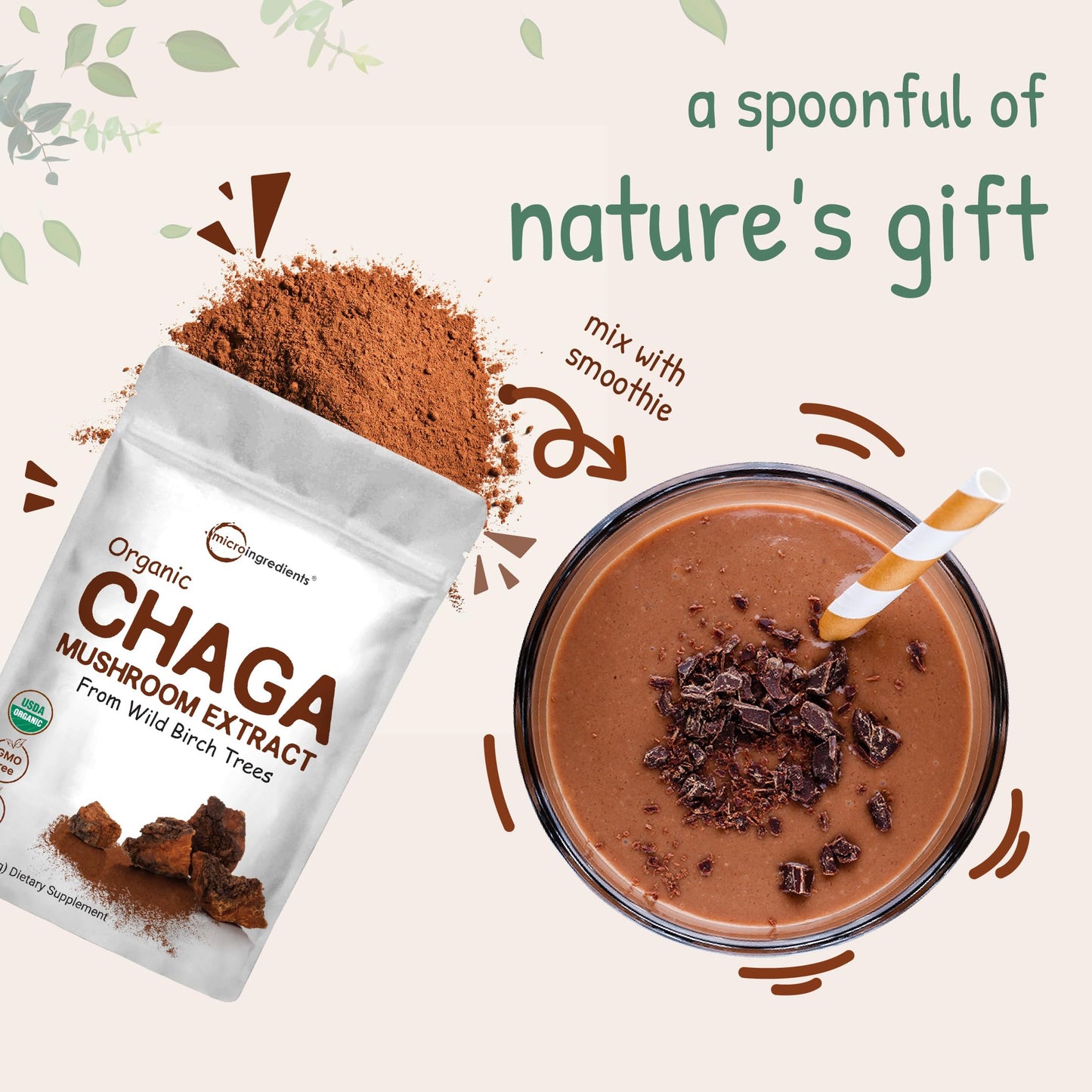 Micro Ingredients Organic Chaga Mushroom Extract 100:1 Powder, 10 Ounce Micro IngredientsUS supplements