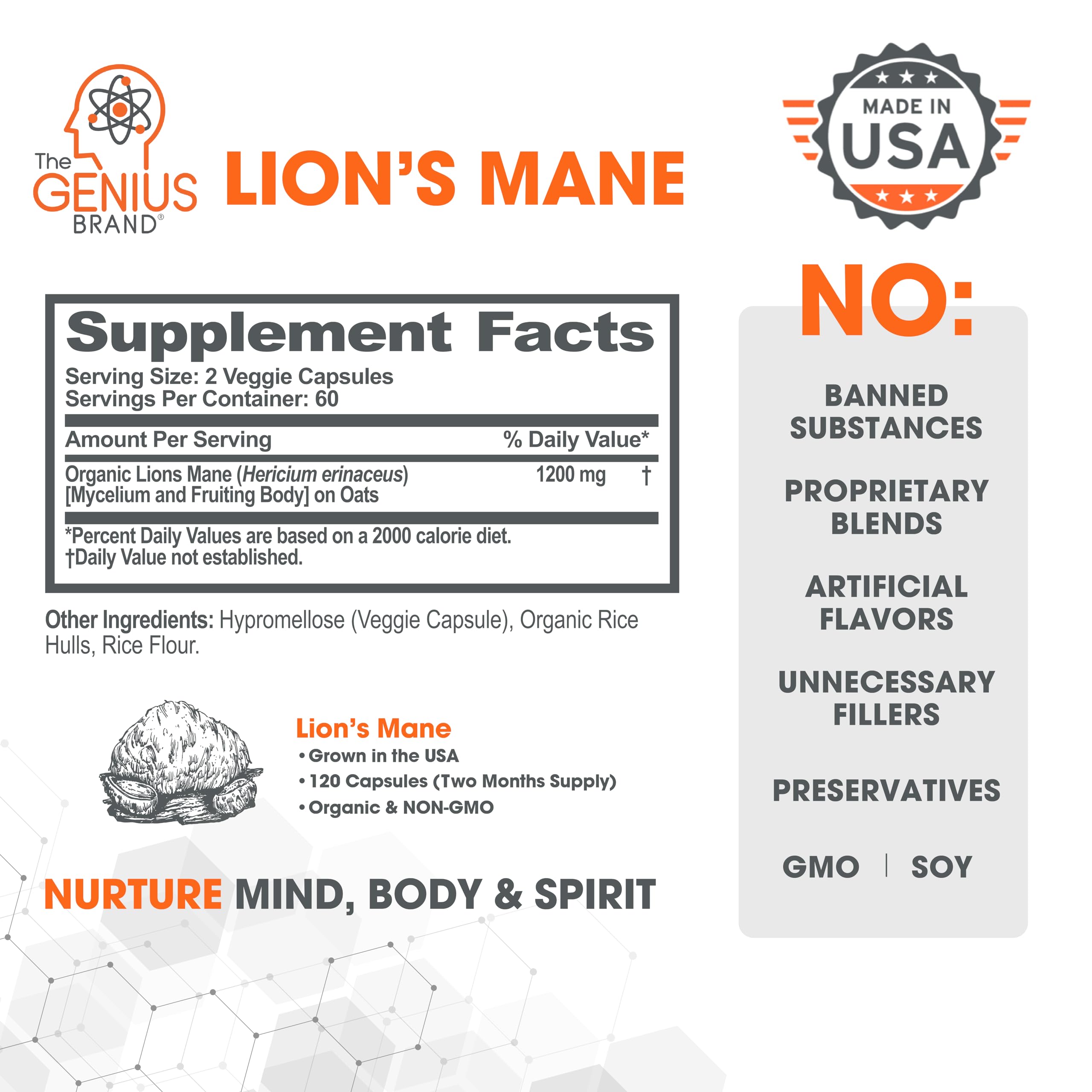 Genius Lions Mane Supplement Capsules - Organic Nootropic Supplement, 1200mg per The Genius BrandAu supplements
