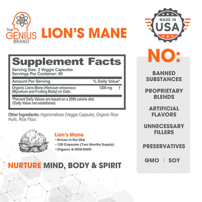Genius Lions Mane Supplement Capsules - Organic Nootropic Supplement, 1200mg per The Genius BrandUS supplements