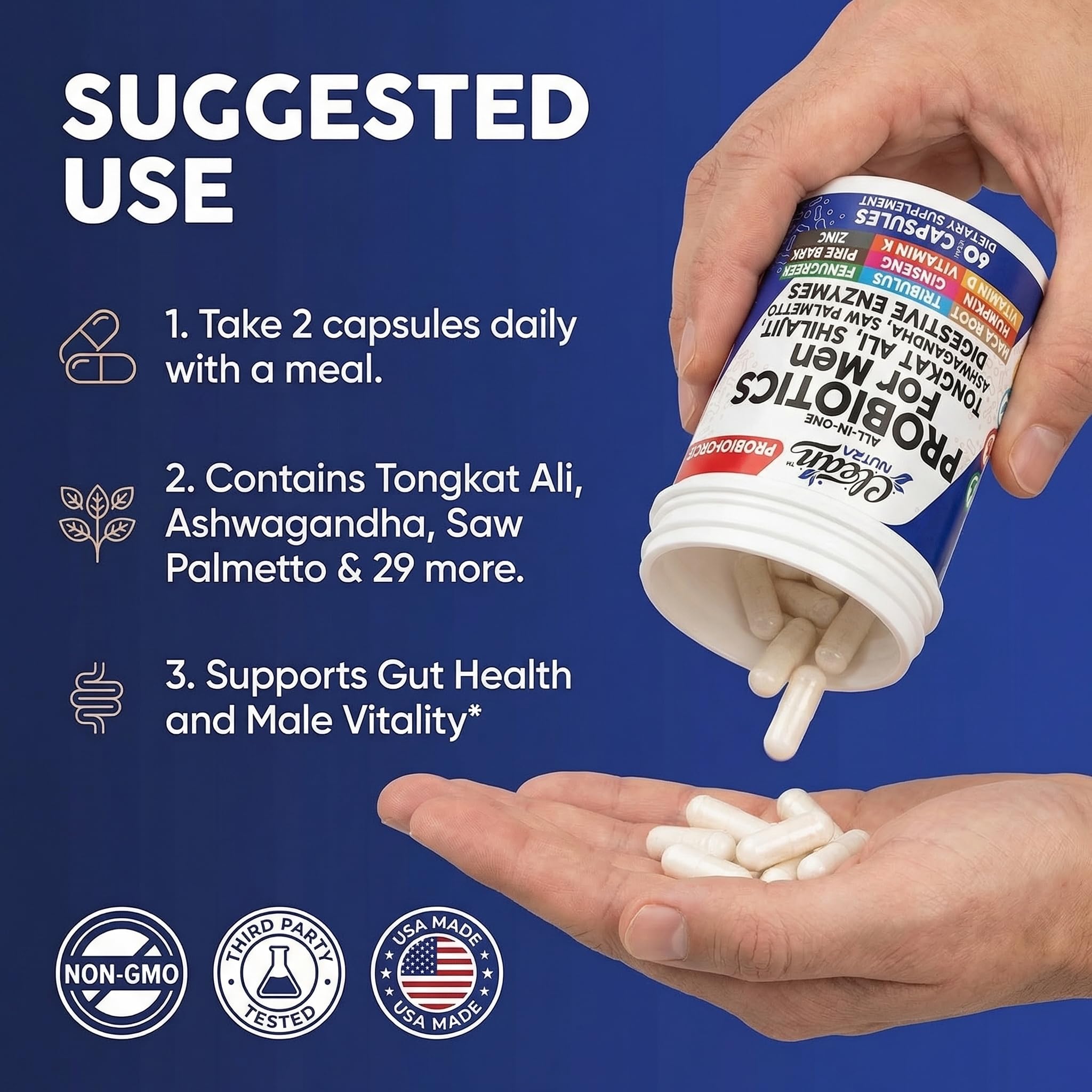 Clean Nutra Probiotics for Men | Tongkat Ali, Saw Palmetto, Tribulus, Ginseng, Ashwagandha, Maca, Pumpkin, Gingko Biloba, Pine Bark, Fenugreek, Shilajit, Zinc - Mens Probiotic 60 Capsules Clean NutraceuticalsAu supplements