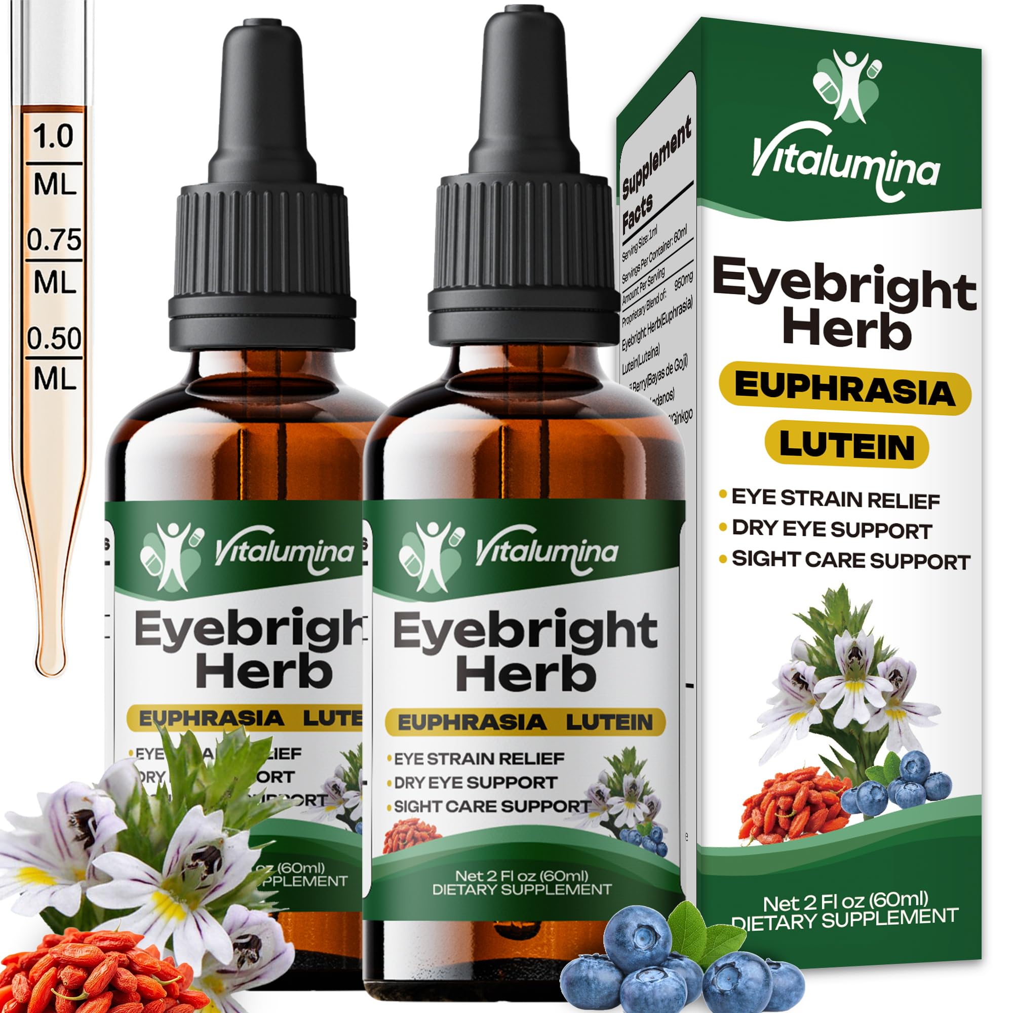 Vitalumina Eyebright Herbal Liquid with Organic Euphrasia, Lutein, Bilberry, Blueberry & Goji – Plant-Based Vegan Supplement for Adults – 4 fl oz VitaluminaAu supplements