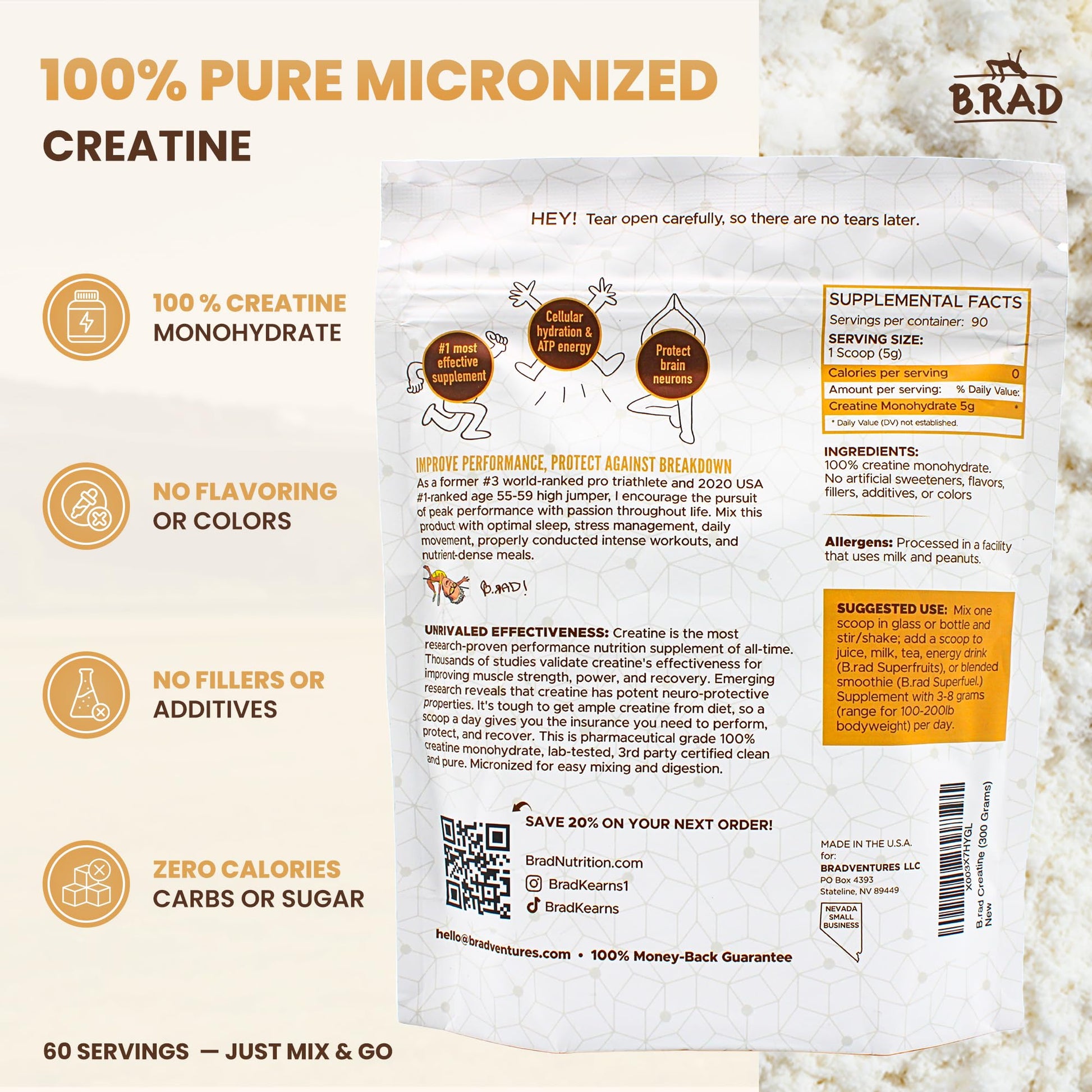 B.rad 100% Pure Micronized Creatine Monohydrate Powder | Natural, No Additives | Boosts Muscle Strength, Recovery & Performance | Supports Brain Health | 300g, 60 Servings B.radAu supplements