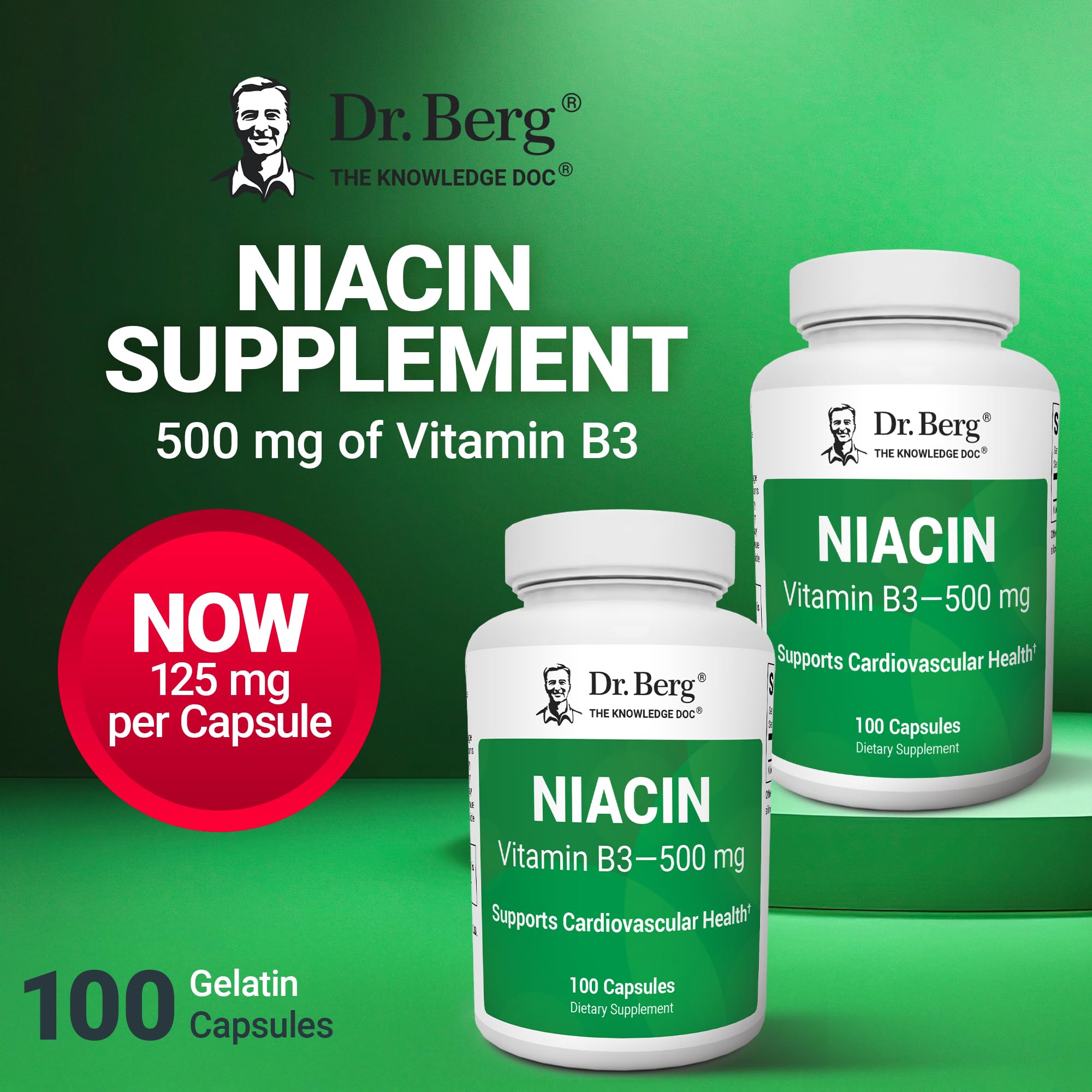 Dr. Berg Highly-Potent Niacin 500 mg – Now Only 125 mg per Capsule for Niacin Flush Tolerance Building – Gradually Increase to 500mg a Day – Vitamin B3 for Heart, Brain & Energy Support – 100 Capsules Dr. Berg NutritionalsAu supplements