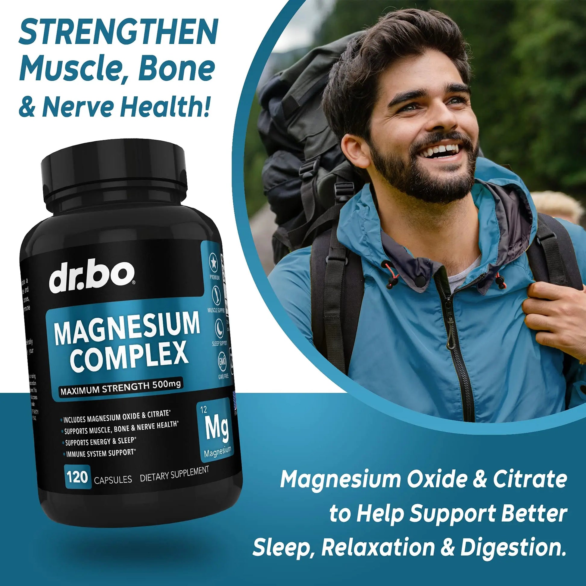 Magnesium Complex Supplement Capsules 500mg - Support Energy, Relaxation, Leg Cramps & Legs - Help Aid Muscle Support Supplements - High Absorption Premium Mag Citrate Oxide - 120 Capsules DR. BOnz supplements