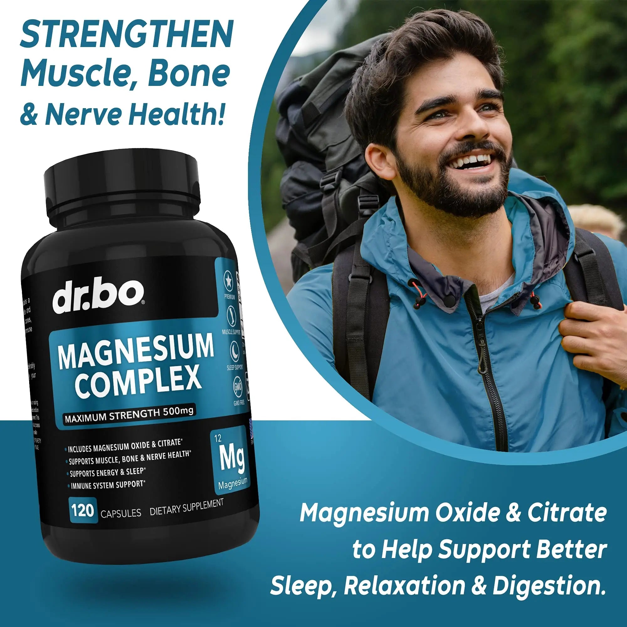 Magnesium Complex Supplement Capsules 500mg - Support Energy, Relaxation, Leg Cramps & Legs - Help Aid Muscle Support Supplements - High Absorption Premium Mag Citrate Oxide - 120 Capsules DR. BOnz supplements