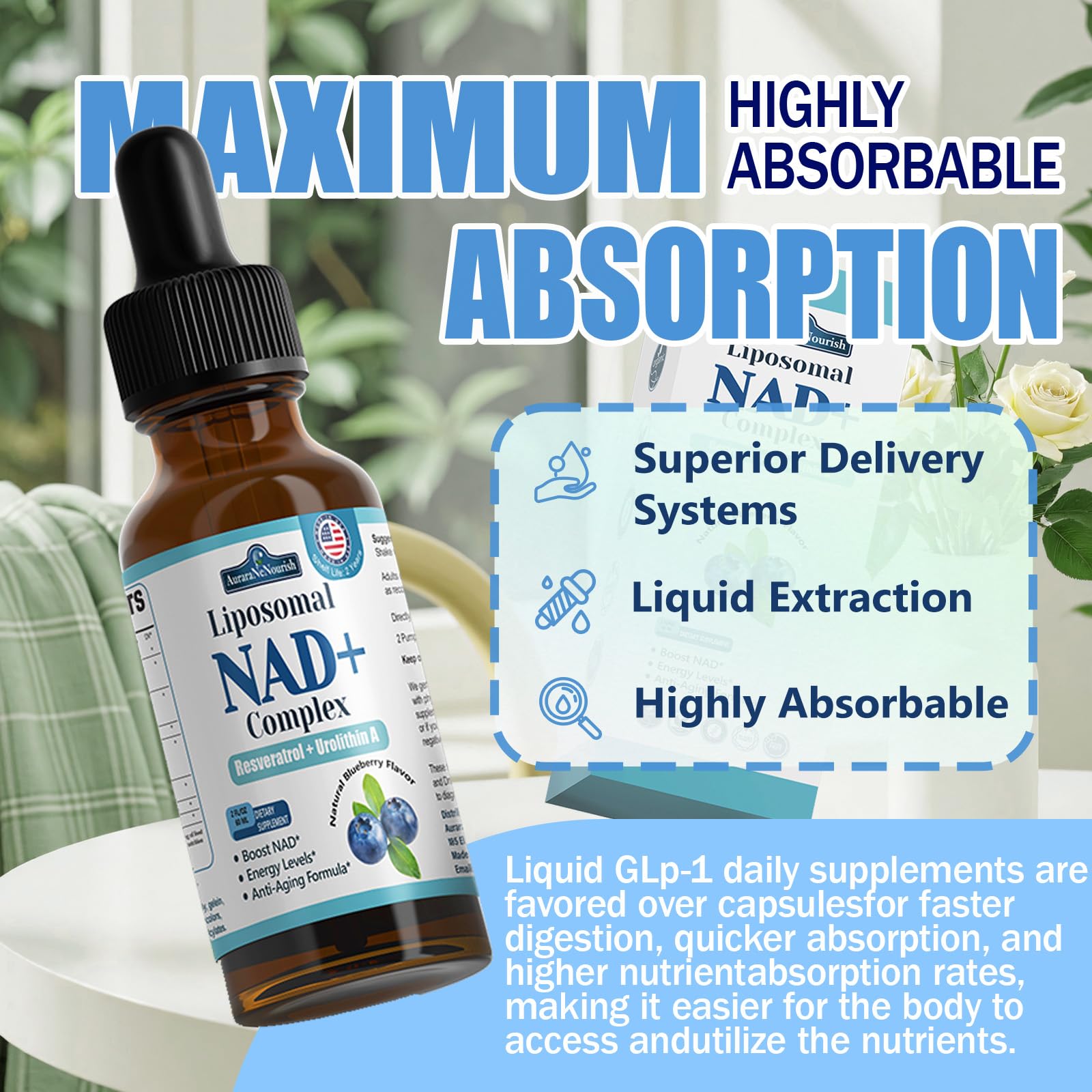 Liposomal NAD+ Liquid Drops, 8-in-1 NAD⁺ Nicotinamide Riboside Resveratrol 900mg w. Quercetin & Urolithin A | Fast Absorption NAD+ Supplement with CoQ10, ALA | Cellular Energy, Anti-Aging, Vitality AuraraNeNourishAu supplements