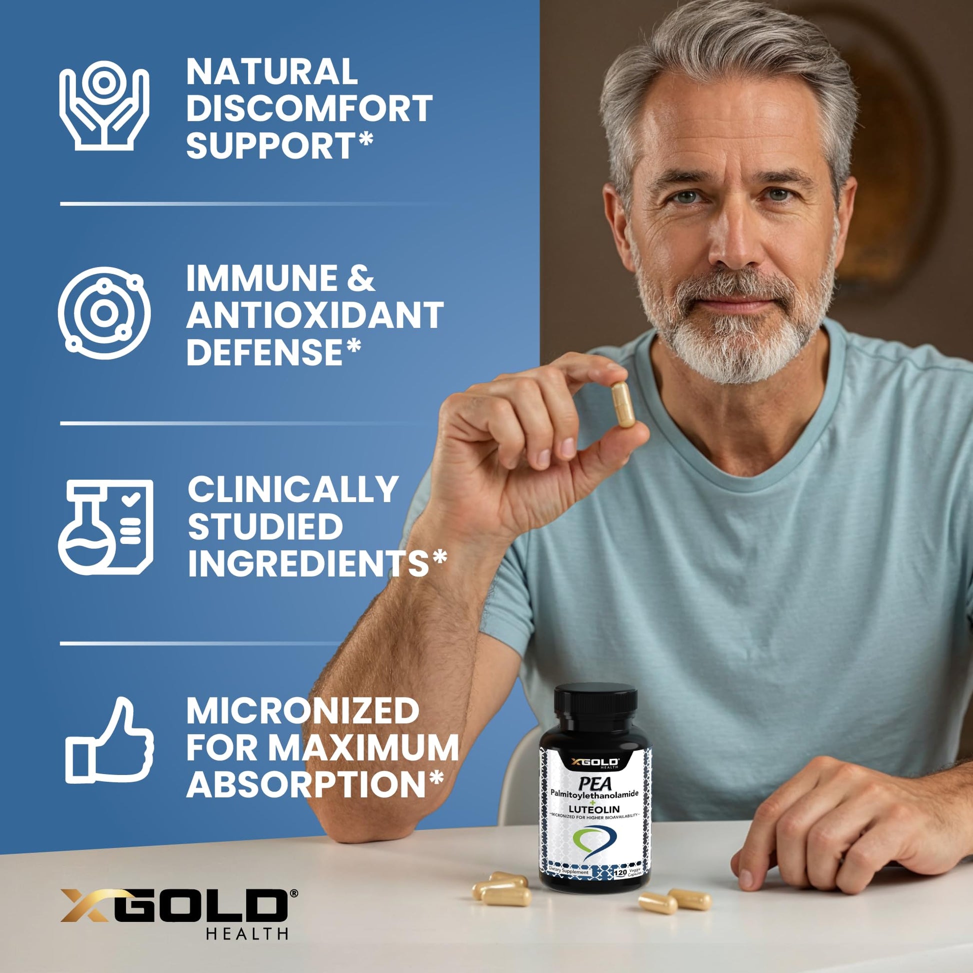 Palmitoylethanolamide 630 mg + Luteolin Standardized 98%- Micronized Pea 99% Highly Purified and Bioavailable - Made in USA - Supplement for Men and Women - 120 Veggie Capsules X Gold HealthAu supplements