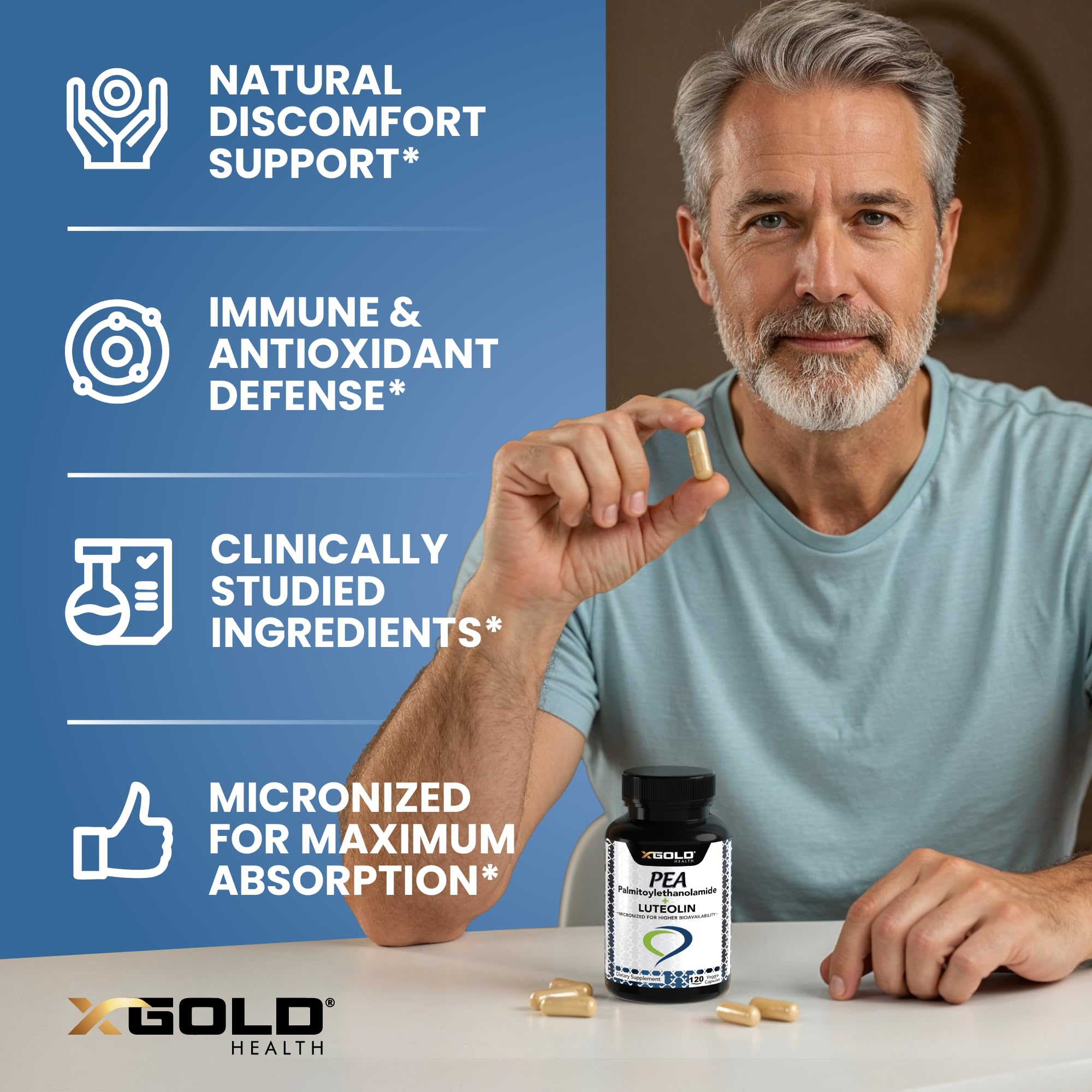 Palmitoylethanolamide 630 mg + Luteolin Standardized 98%- Micronized Pea 99% Highly Purified and Bioavailable - Made in USA - Supplement for Men and Women - 120 Veggie Capsules X Gold HealthAu supplements