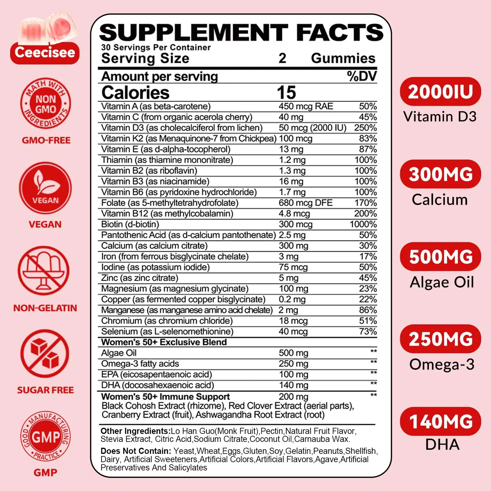 Ceecisee Vitamin Gummies for 50+ Women: Organic Vegan Multivitamin with Iron Omega3 B12 D3 Biotin Zinc Ashwagandha for Hair Skin Health Energy Immune Suppor CeeciseeAu supplements
