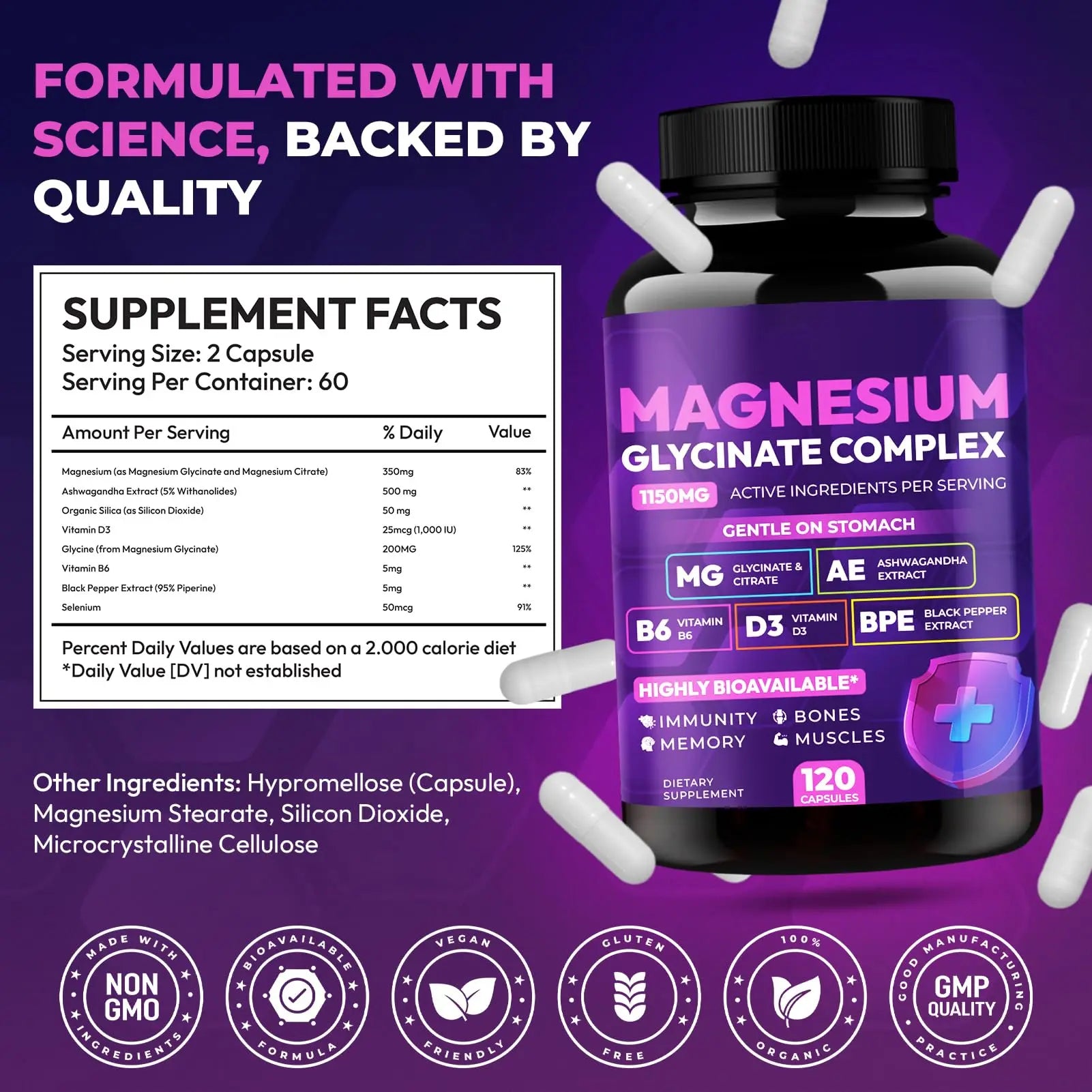 Magnesium Glycinate Complex 1150mg - Gentle on Stomach High Absorption Magnesium Capsules with Citrate, Silica, Ashwagandha & Vitamin B6 for Zzz, Stress Relief, Muscle Support for Adults, Women & Men Cytonanz supplements