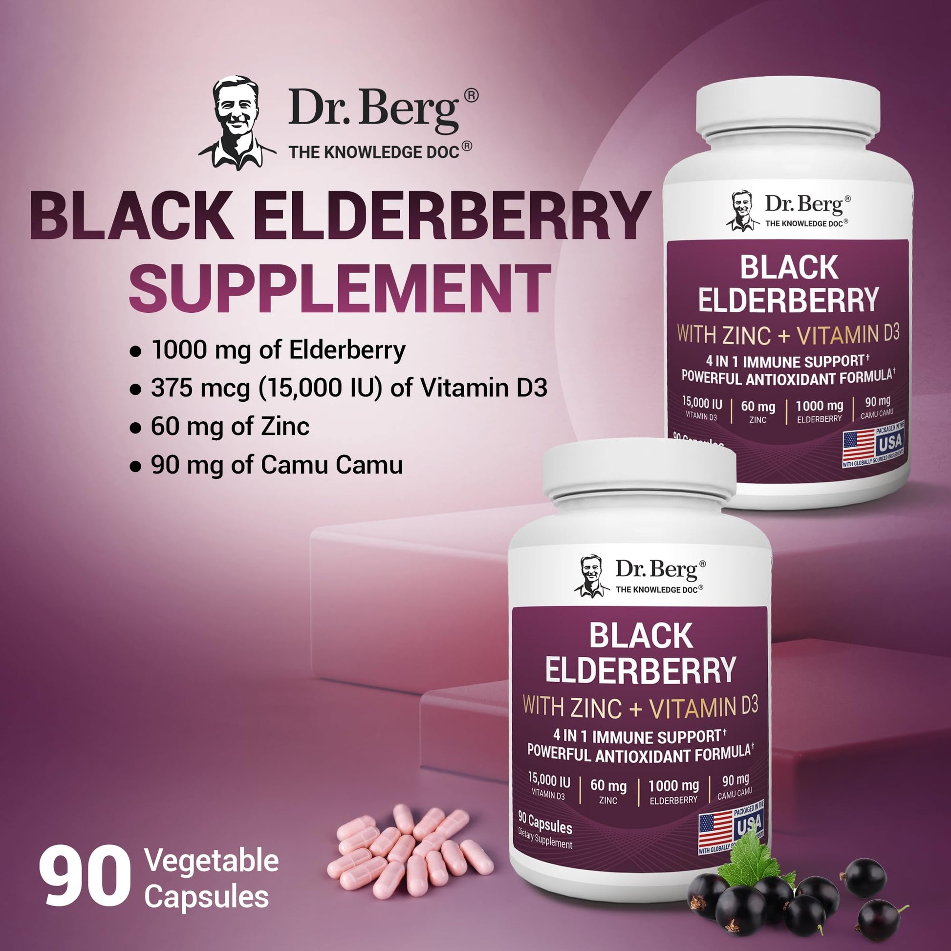 Dr. Berg Black Elderberry Capsules (Advanced Immune Support*) with 15,000 IU Vitamin D, 60 mg of Zinc, & 90 mg of Camu Camu - (4-in-1) Sambucus Elderberry Immune Support Supplement - 90 Capsules Dr. Berg NutritionalsAu supplements