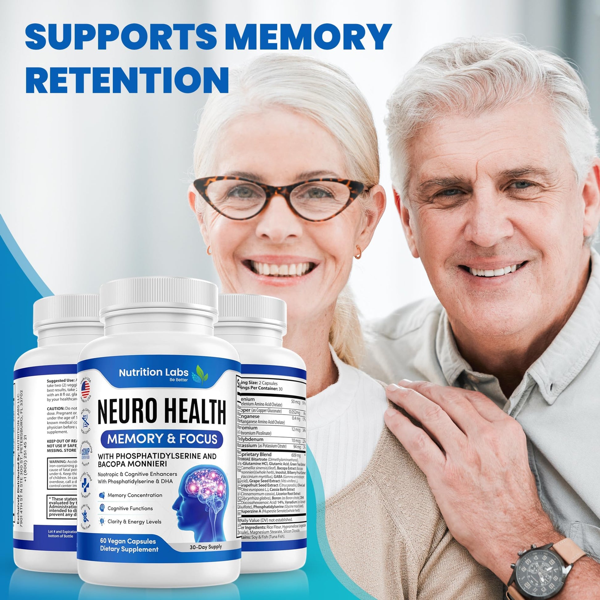 Nootropic & Neuro Brain Supplement for Memory & Focus Support. Clinically Tested Vitamins for Mental Support & Cognitive Clarity W/Bacopa Monnieri, VIT A, B6, Riboflavin, Niacin, Thiamin & Folate NUTRITION LABS BE BETTERAu supplements