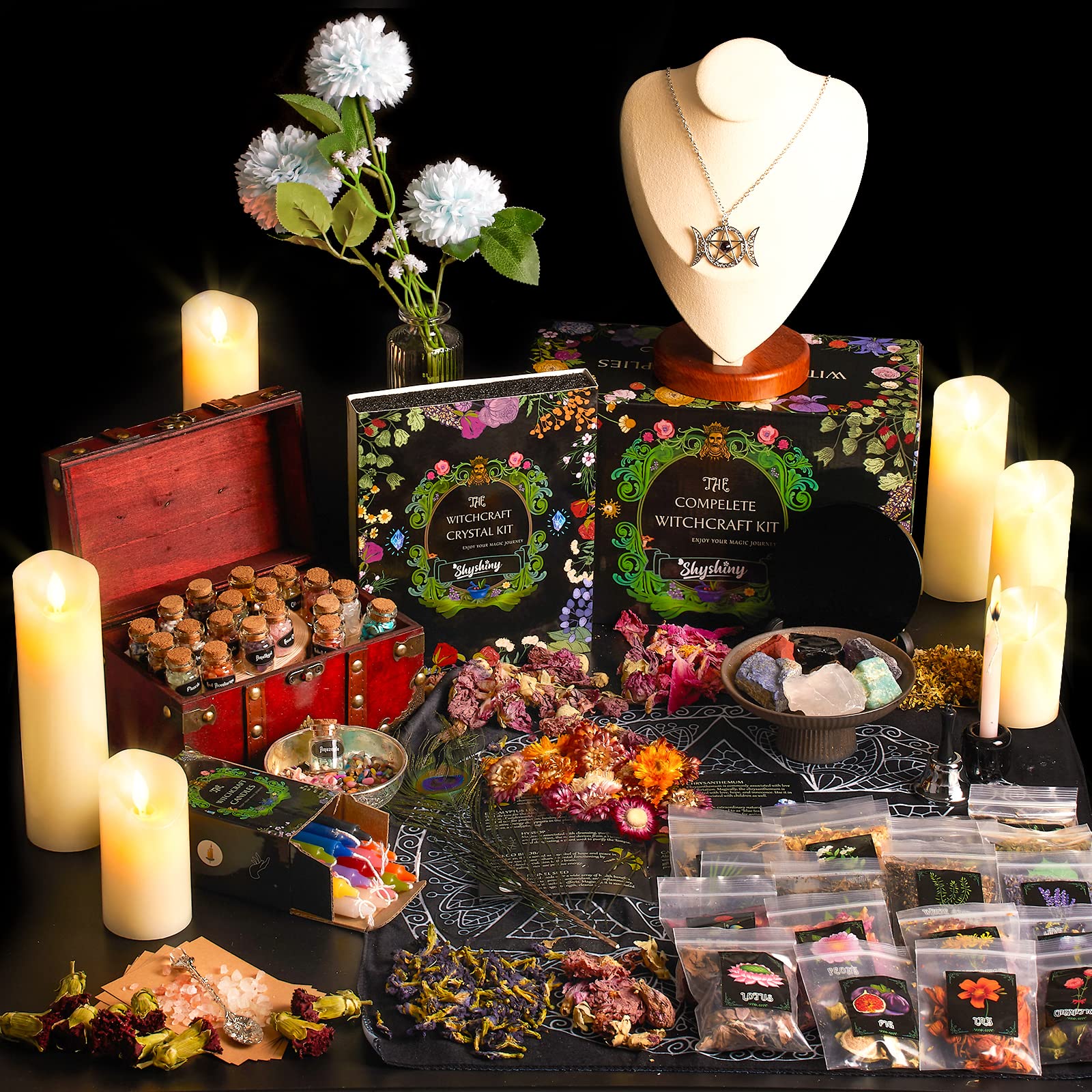 SHYSHINY Witchcraft Supplies Kit for Wiccan Spells, 95 Pack of 7 Chakra Stones, Crystals, Dried Herbs SHYSHINYAu supplements