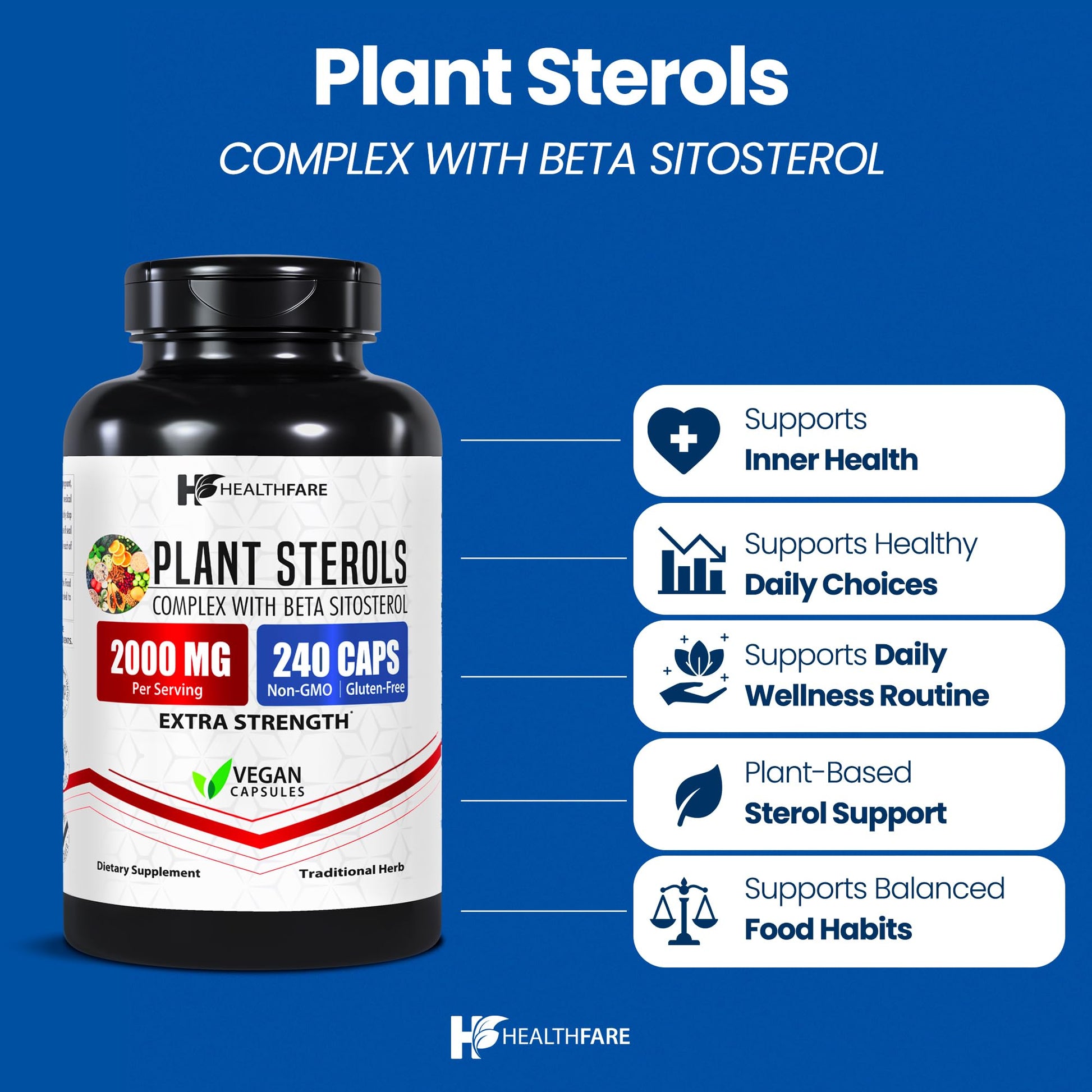 Healthfare Plant Sterols Capsules 2000mg | 240 Vegan Capsules | Beta Sitosterol & Phytosterol Complex | Plant-Based Supplement | Non-GMO & Gluten-Free | Made in the USA HealthfareAu supplements