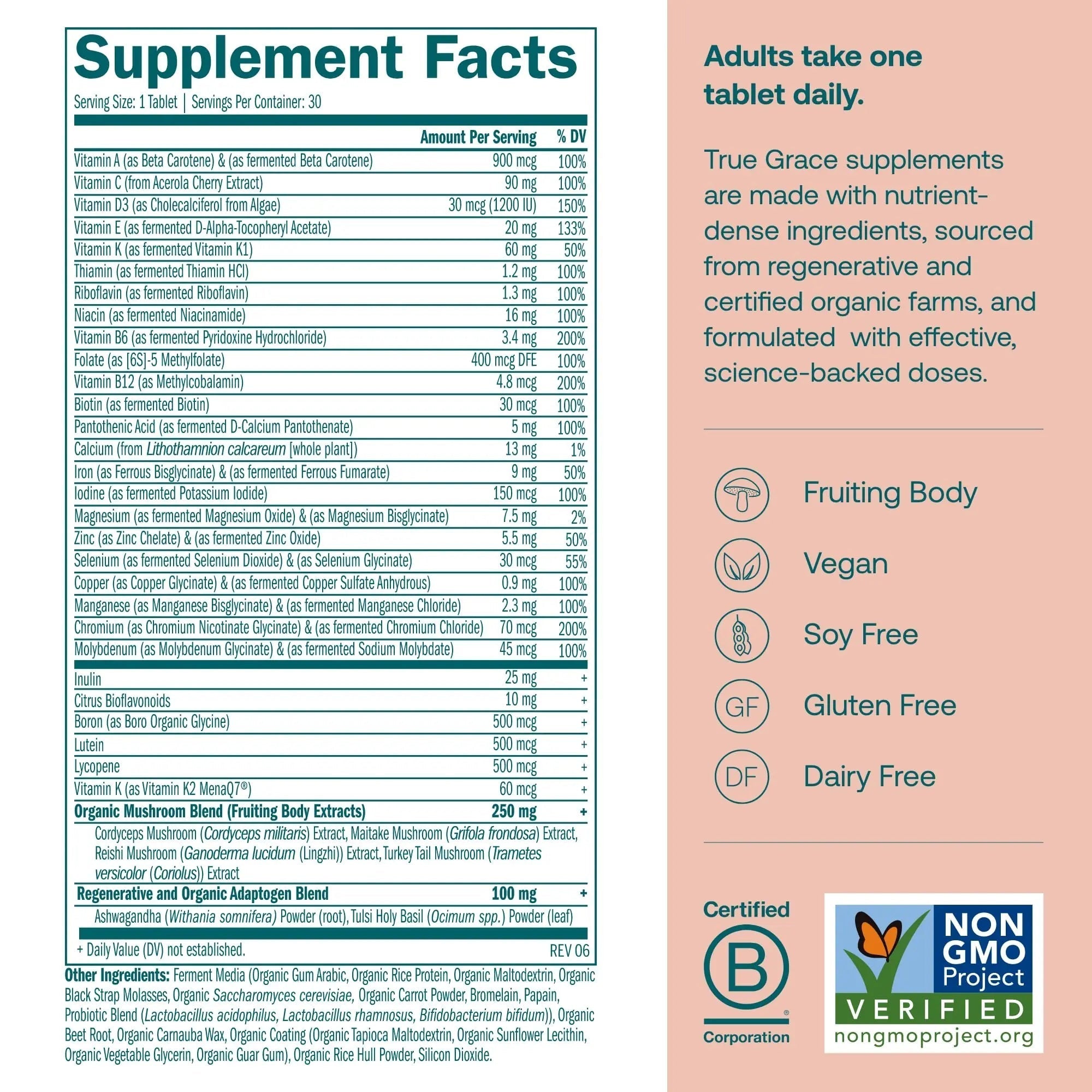 True Grace One Daily Women’s Multivitamin Fermented Minerals, Organic Adaptogens & Mushrooms Whole Body Balance, Immune, Energy, Beauty Support True GraceAu supplements