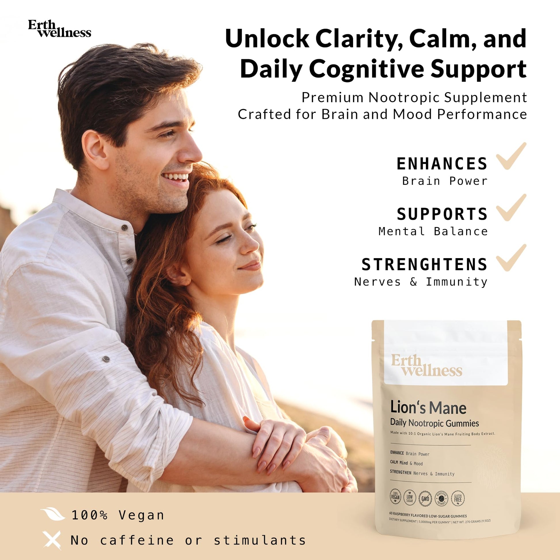 Erth Wellness Lion’s Mane Mushroom Gummies – 10,000mg Fruiting Body Extract per Serving – Brain & Focus Support – Daily Nootropic – Vegan, Low Sugar, Non-GMO – 60 Ct Erth WellnessAu supplements