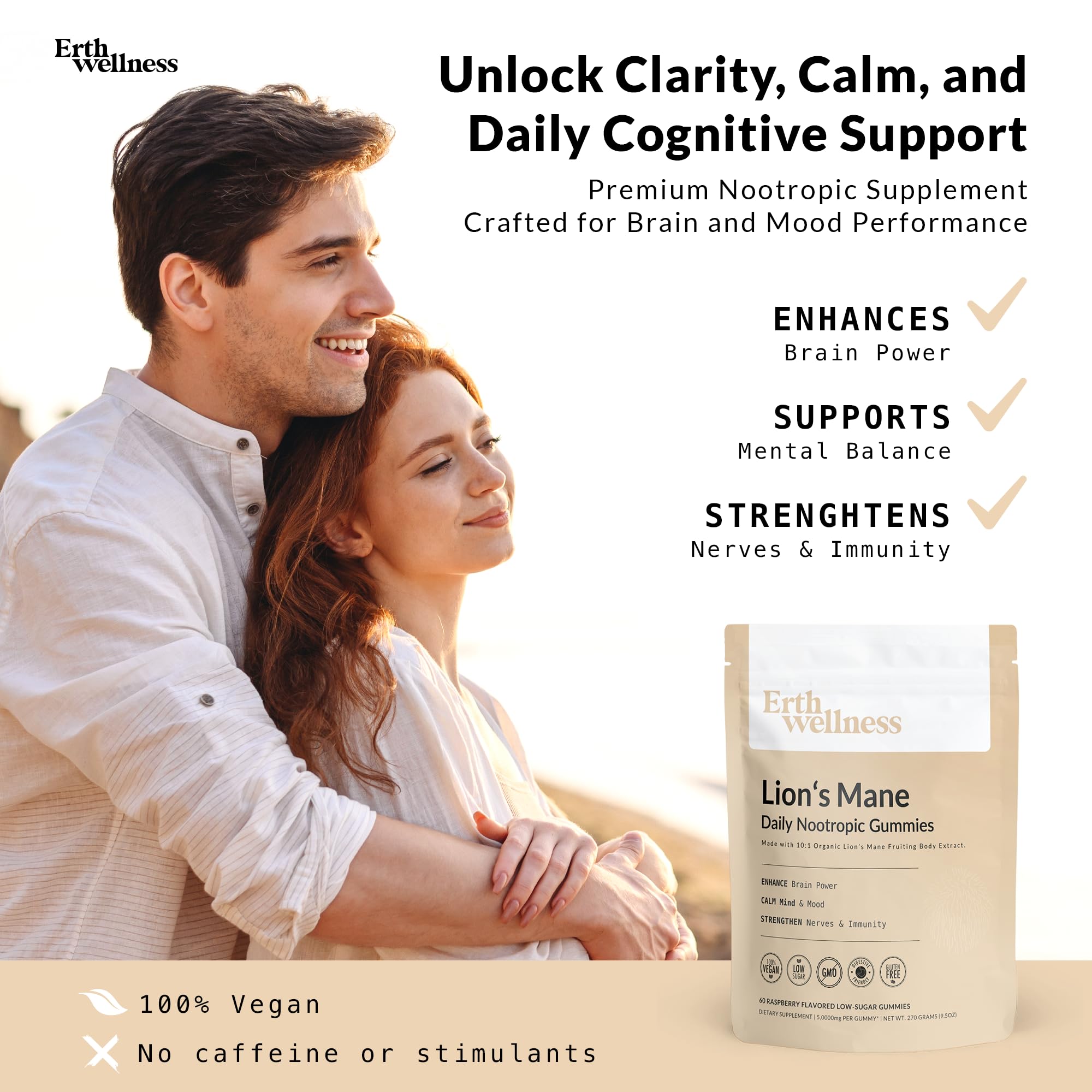 Erth Wellness Lion’s Mane Mushroom Gummies – 10,000mg Fruiting Body Extract per Serving – Brain & Focus Support – Daily Nootropic – Vegan, Low Sugar, Non-GMO – 60 Ct Erth WellnessAu supplements
