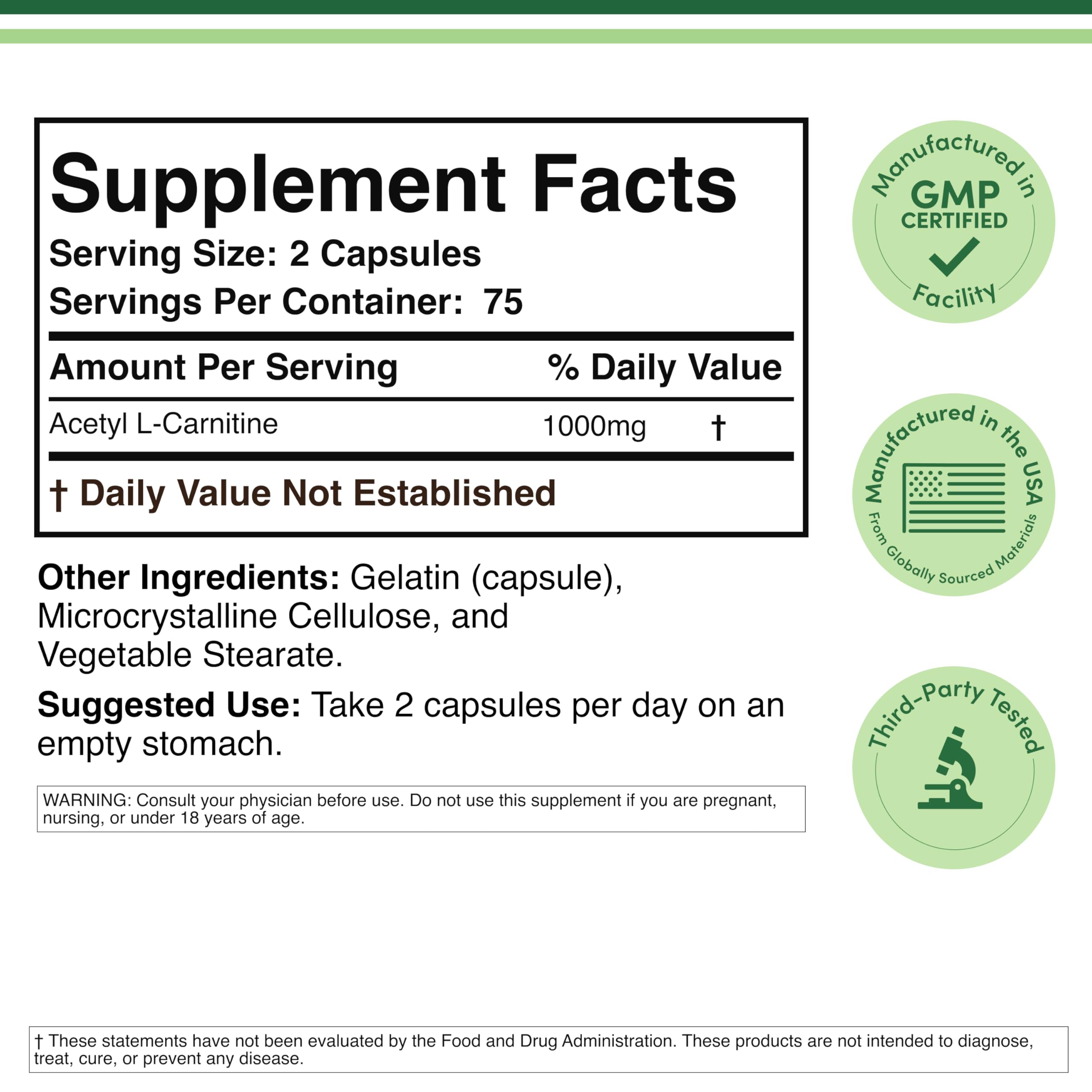 Acetyl L-Carnitine 1,000mg Per Serving, 150 Capsules (ALCAR for Brain Function Support, Memory, Attention, and Stamina) Acetyl L Carnitine That is Third Party Tested by Double Wood Double Wood SupplementsAu supplements