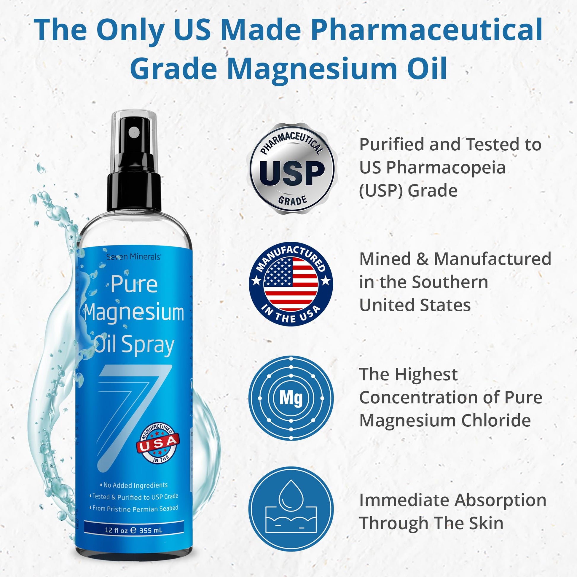 Seven Minerals Pure Magnesium Oil Spray, Big 12oz, USP Grade, Extra Strength, for Feet, Sleep, Muscle Pain & Cramps - Mined in The USA Seven MineralsAu supplements