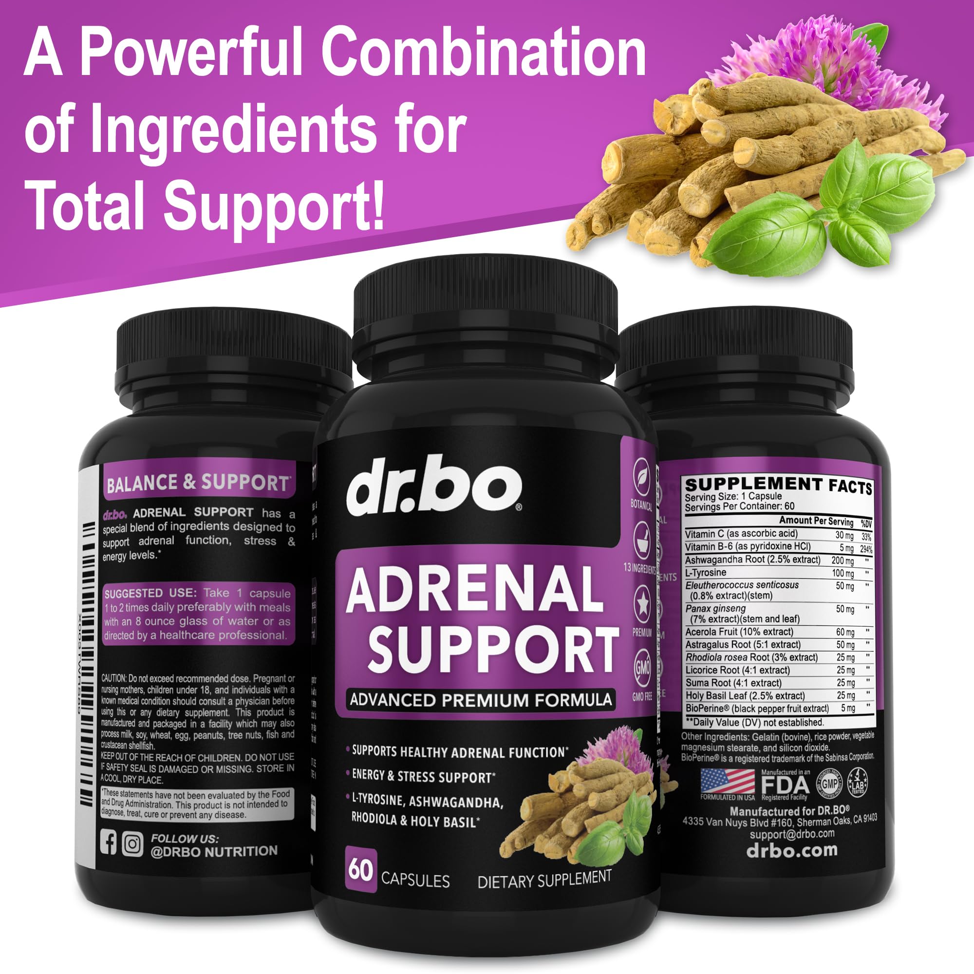 Adrenal Support Cortisol Manager Supplement - Adrenal Fatigue Supplements for Women & Men with Natural Adaptogen Ashwagandha Holy Basil Rhodiola L Tyrosine Complex Fatigue Cortisol Health - 60 Pills DR. BOAu supplements