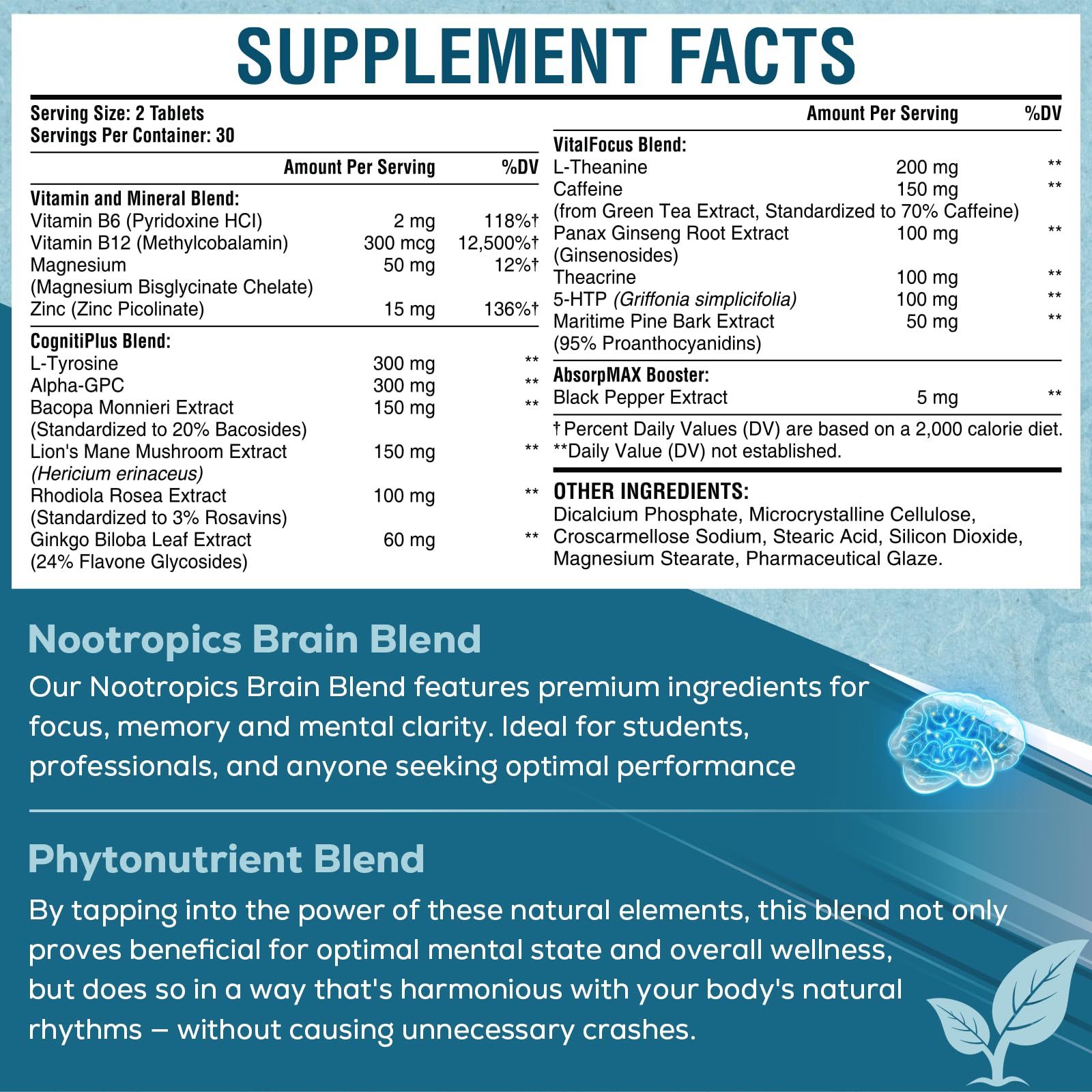 17-in-1 Brain Supplement for Memory and Focus | Natural Nootropics Brain Supplement for Brain Cognition, Energy | High Absorption | L-Theanine, Phytonutrient Blend and Vitamins B6, B12 | 60 Tablets SehatiKuAu supplements