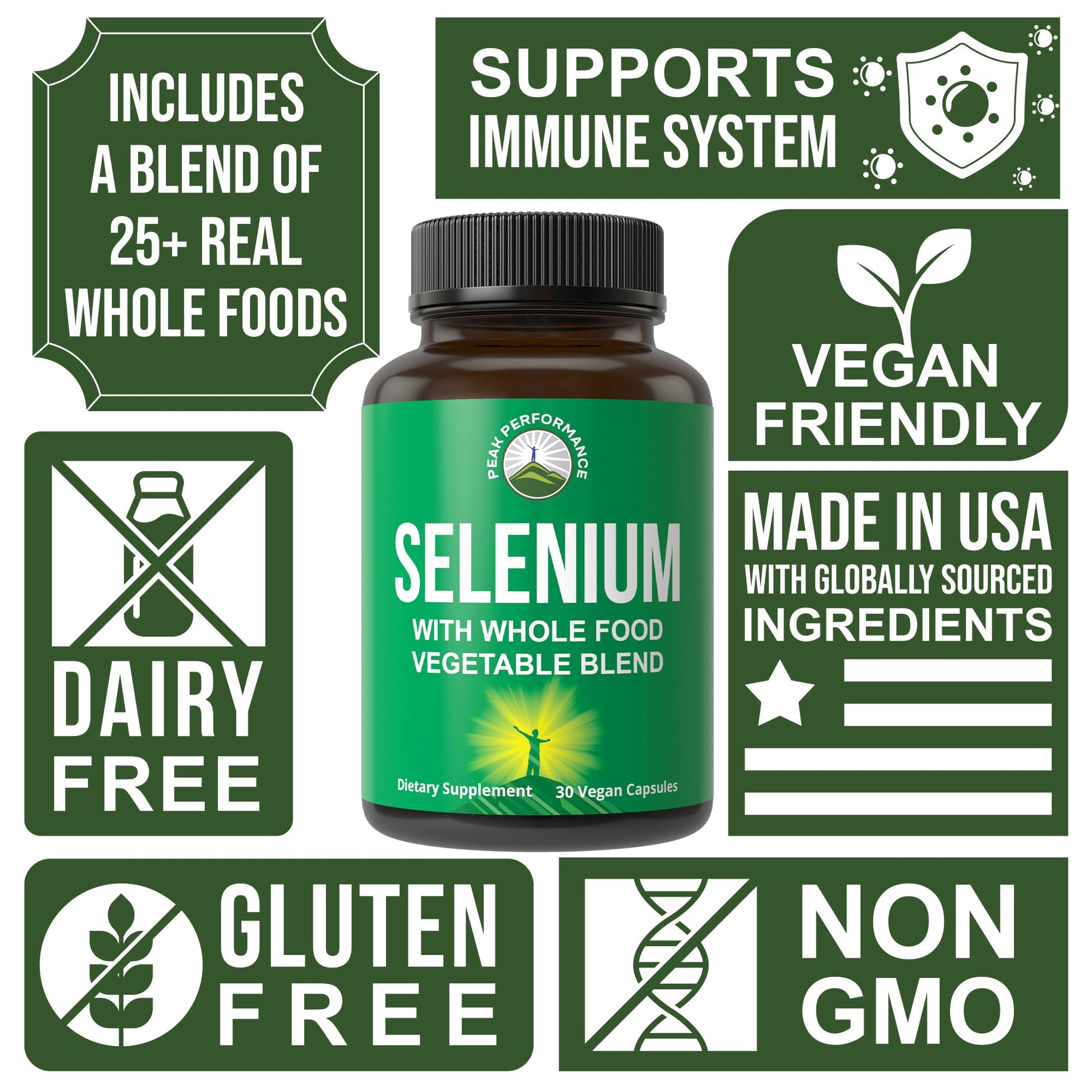 Selenium Supplement with Whole Food Blend of 25+ Vegetables and Fruits for Max Absorption. Pure Selenium Vegan Capsules for Immune System, Thyroid Support, Heart Health, Prostate Support. 30 Pills Peak PerformanceAu supplements