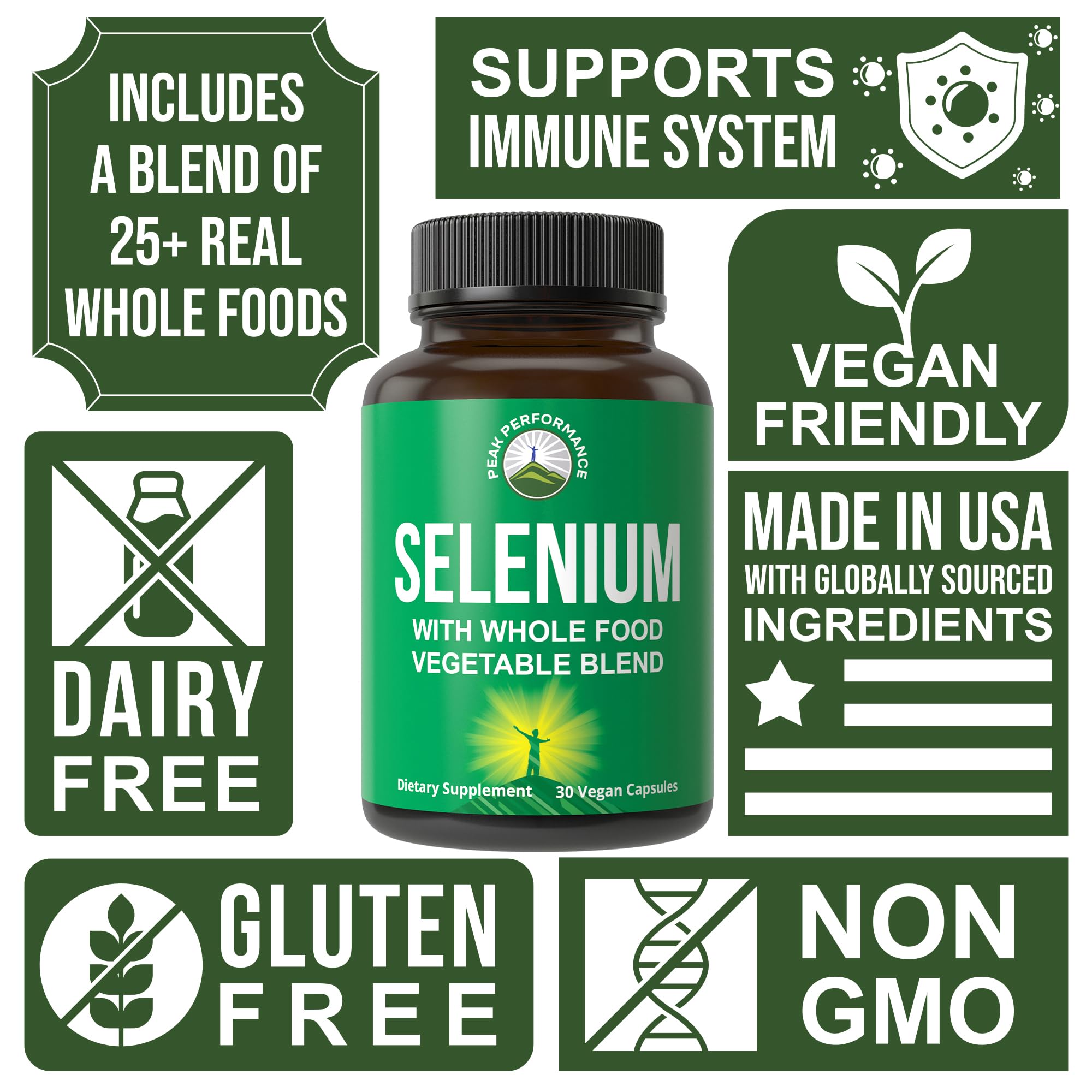 Selenium Supplement with Whole Food Blend of 25+ Vegetables and Fruits for Max Absorption. Pure Selenium Vegan Capsules for Immune System, Thyroid Support, Heart Health, Prostate Support. 30 Pills Peak PerformanceAu supplements