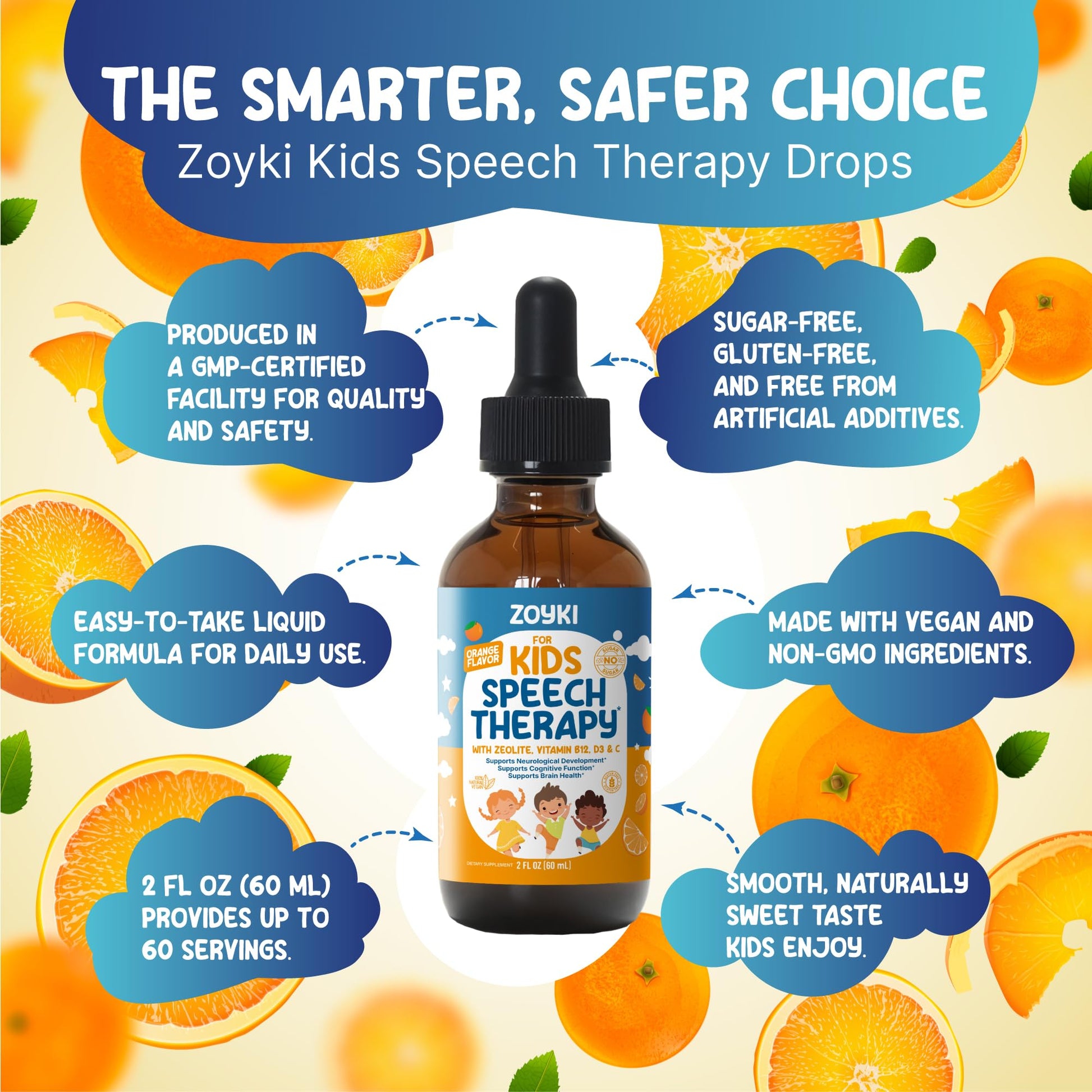 Zoyki Speech Therapy Drops for Kids - Speech Support Supplement for Communication Delay Cognitive Function Language & Brain Development with Zeolite Vitamins B12 D3 C - Sugar Free Gluten-Free Vegan ZoykiAu supplements