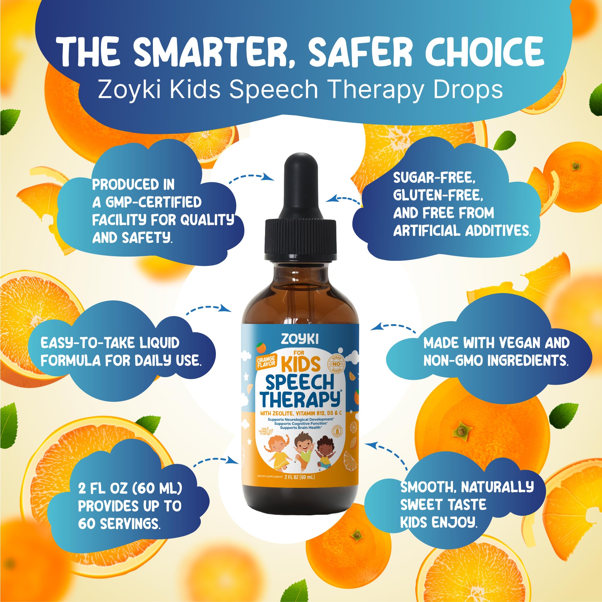 Zoyki Speech Therapy Drops for Kids - Speech Support Supplement for Communication Delay Cognitive Function Language & Brain Development with Zeolite Vitamins B12 D3 C - Sugar Free Gluten-Free Vegan ZoykiAu supplements