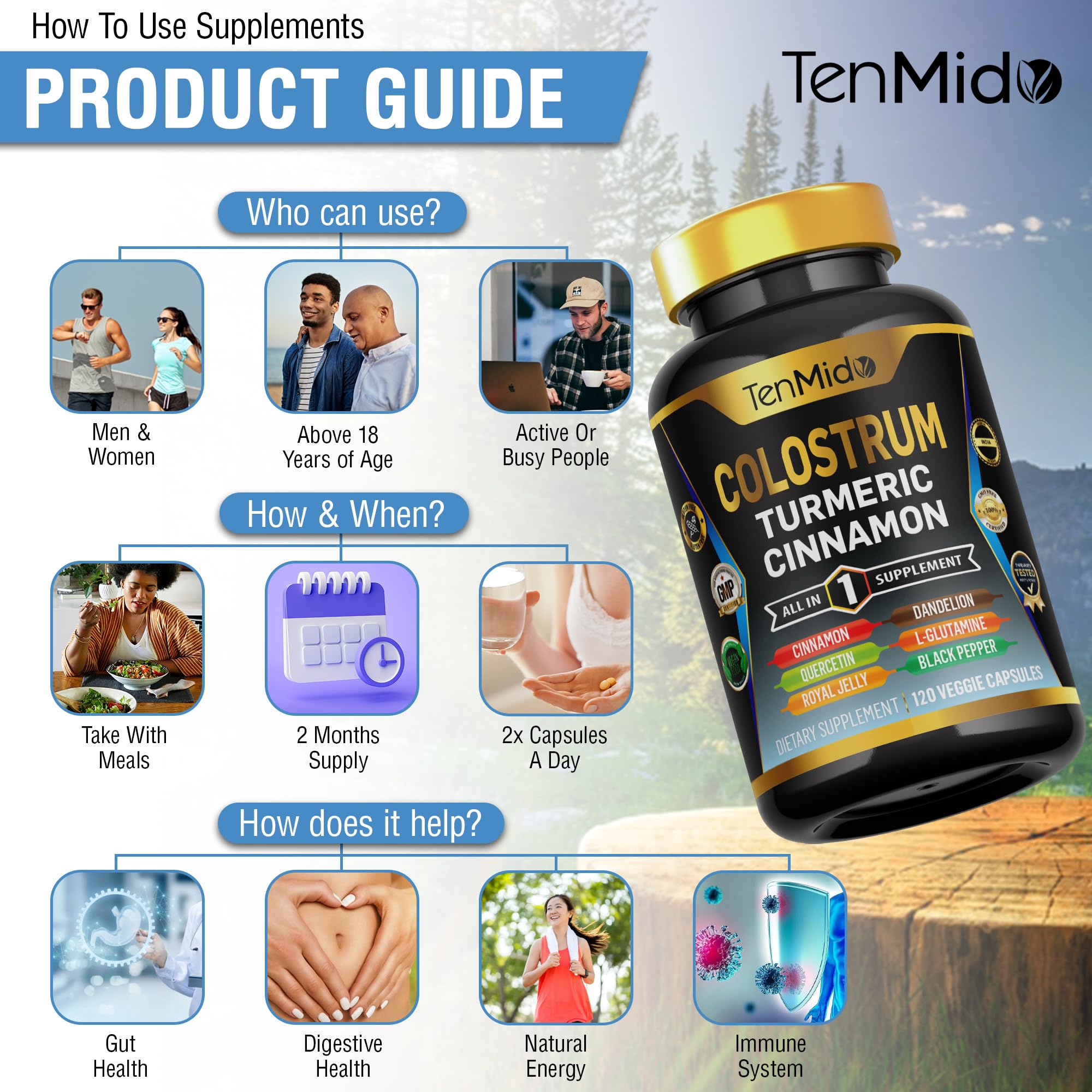 Tenmido Colostrum Supplement - 8in1 Formula - Combine with Turmeric, Ceylon Cinnamon, Quercetin, Royal Jelly, Dandelion, L- Glutamine, and Black Pepper - Digestive Health Support - 120 Capsules TenmidoAu supplements