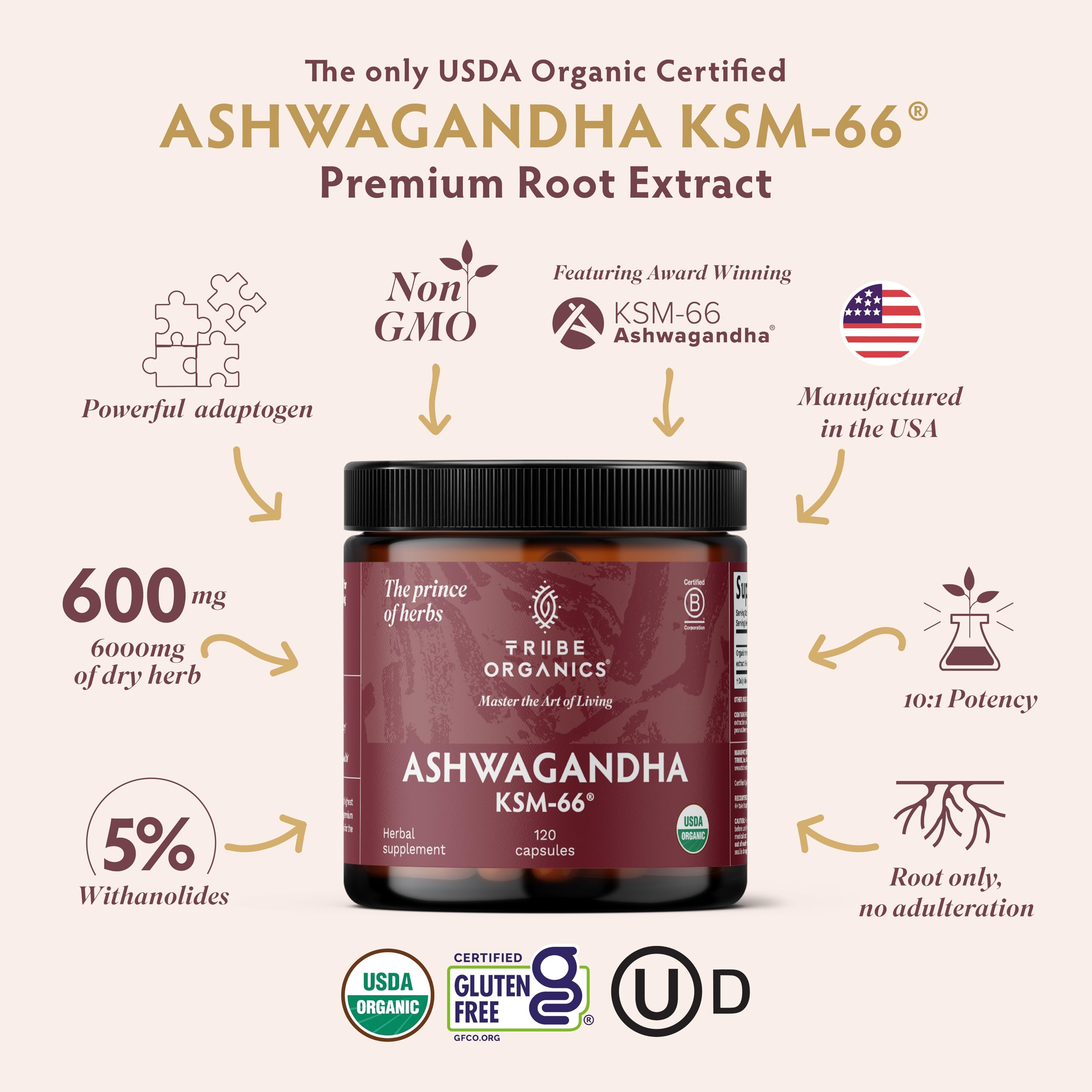 TRIBE ORGANICS Ashwagandha KSM 66 Pure Organic Root Powder Extract Ayurvedic Supplement - Focus, Mood Support, Increase Energy, Strength, 600mg of Natural KSM66 for Superior Absorption - 120 Capsules TRIBE ORGANICSAu supplements