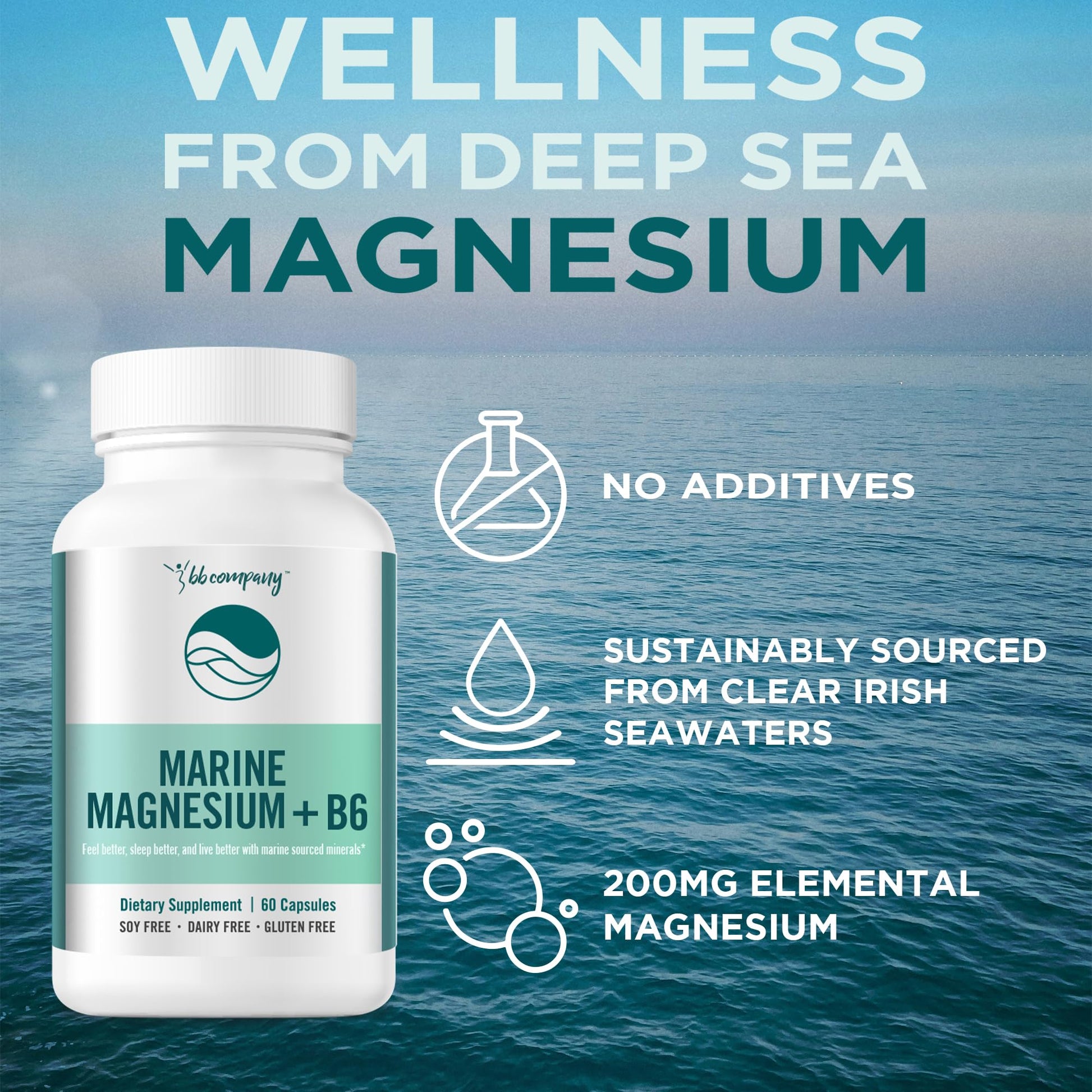 Ocean Magnesium 200mg Aquamin | More Soluble Than Magnesium Glycinate | Whole Food Mag B6 Supplement for Women | Gentle on Stomach & Vegan | Sleep Support, Calms Nerves & Leg Cramps | 60 Ct BB CompanyAu supplements