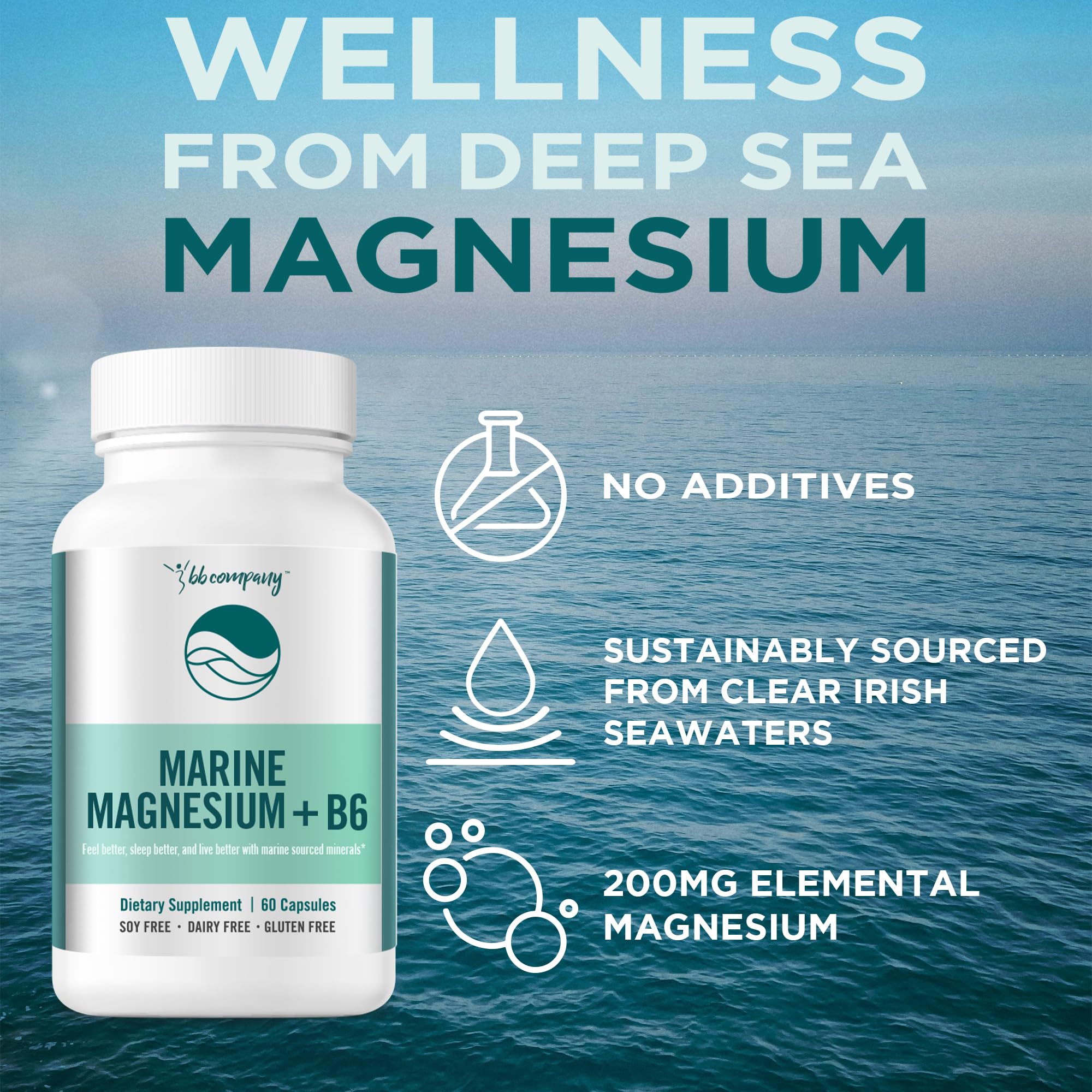 Ocean Magnesium 200mg Aquamin | More Soluble Than Magnesium Glycinate | Whole Food Mag B6 Supplement for Women | Gentle on Stomach & Vegan | Sleep Support, Calms Nerves & Leg Cramps | 60 Ct BB CompanyAu supplements