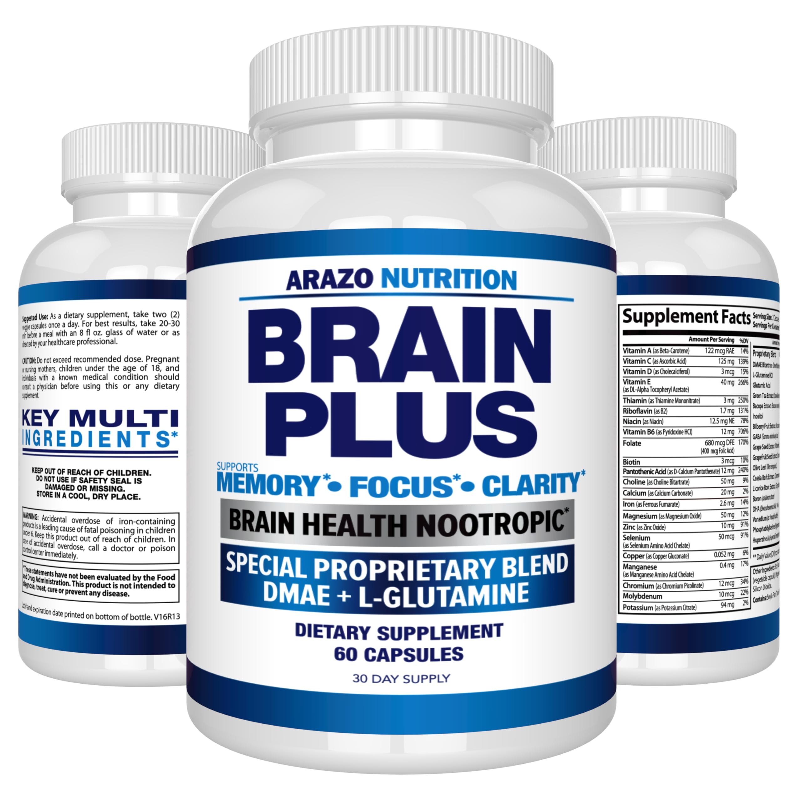 Arazo Nutrition Premium Brain Function Supplement – Memory, Focus, Clarity – Nootropic Booster with DMAE, Bacopa Monnieri, L-Glutamine, Multi Vitamins, Multi Minerals Arazo NutritionAu supplements