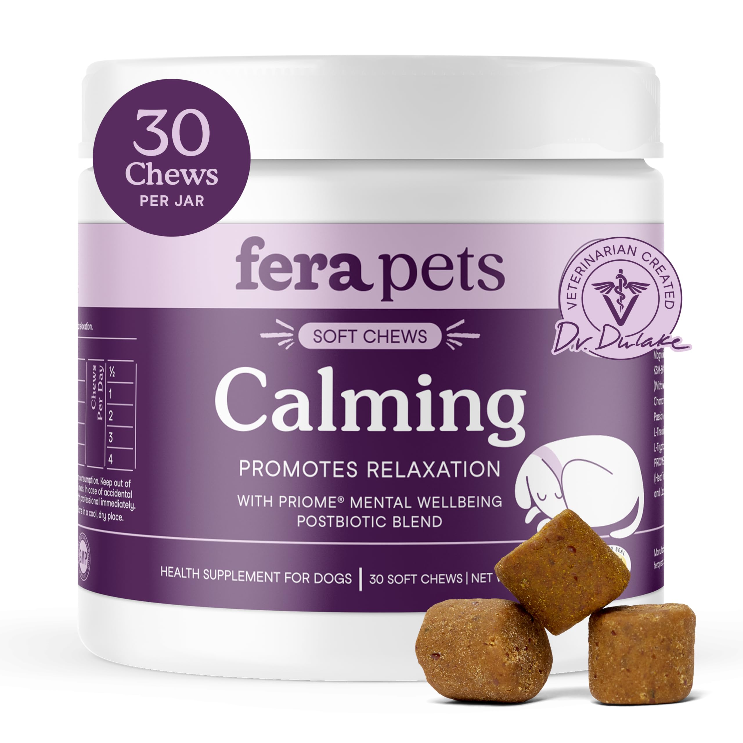 Fera Pets Dog Calming Chews - Helps Manage Everyday Stress & Separation - Promotes Relaxation - Ashwagandha & Priome® Mental Wellbeing Postbiotic Blend - 30 Soft Chews Fera PetsAu supplements