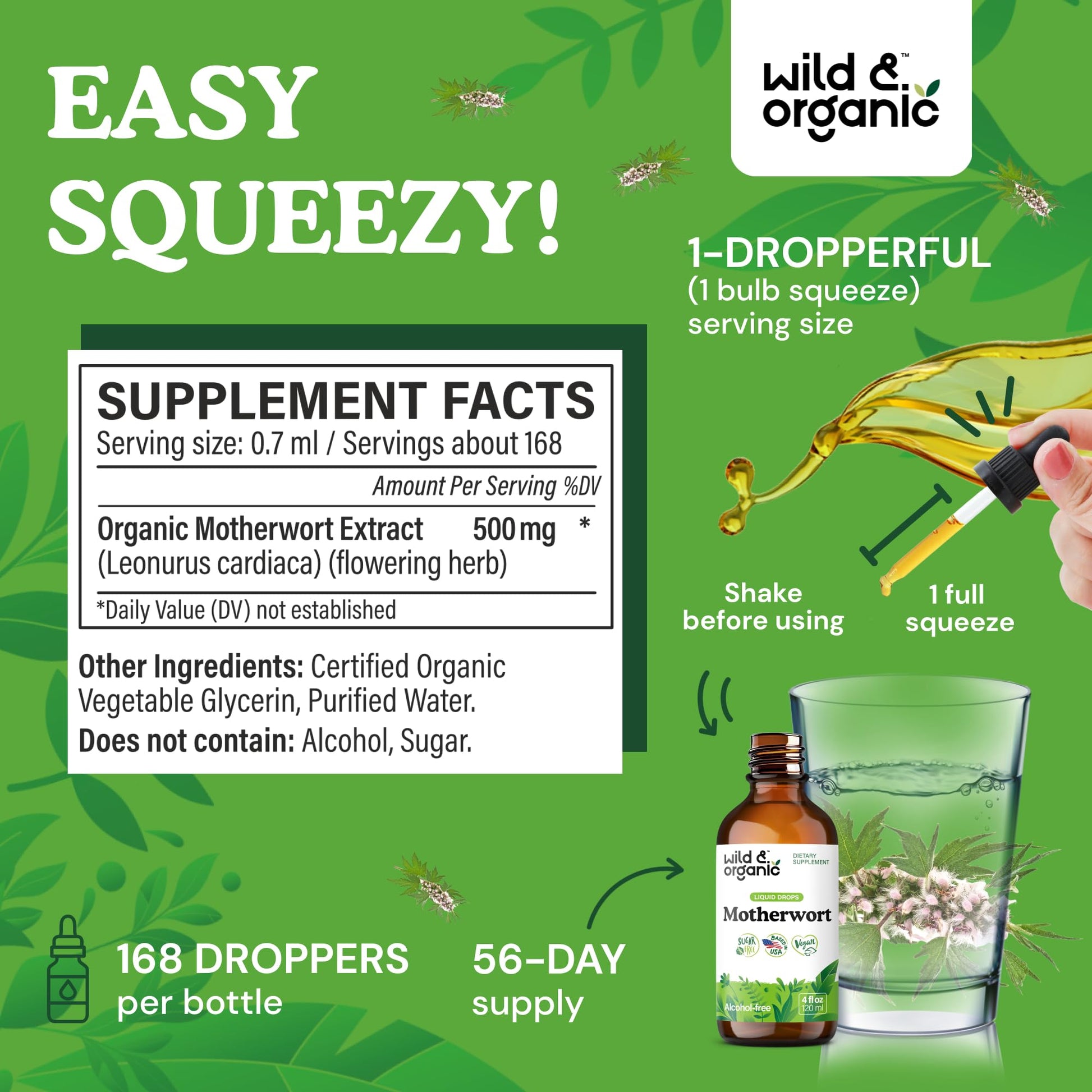Wild & Organic Motherwort Tincture - Good Mood, Calmness, Overall Support - Supplements for Women with Motherwort Herb - Vegan, Sugar & Alcohol-Free Extract Drops - 4 fl oz Wild & OrganicAu supplements