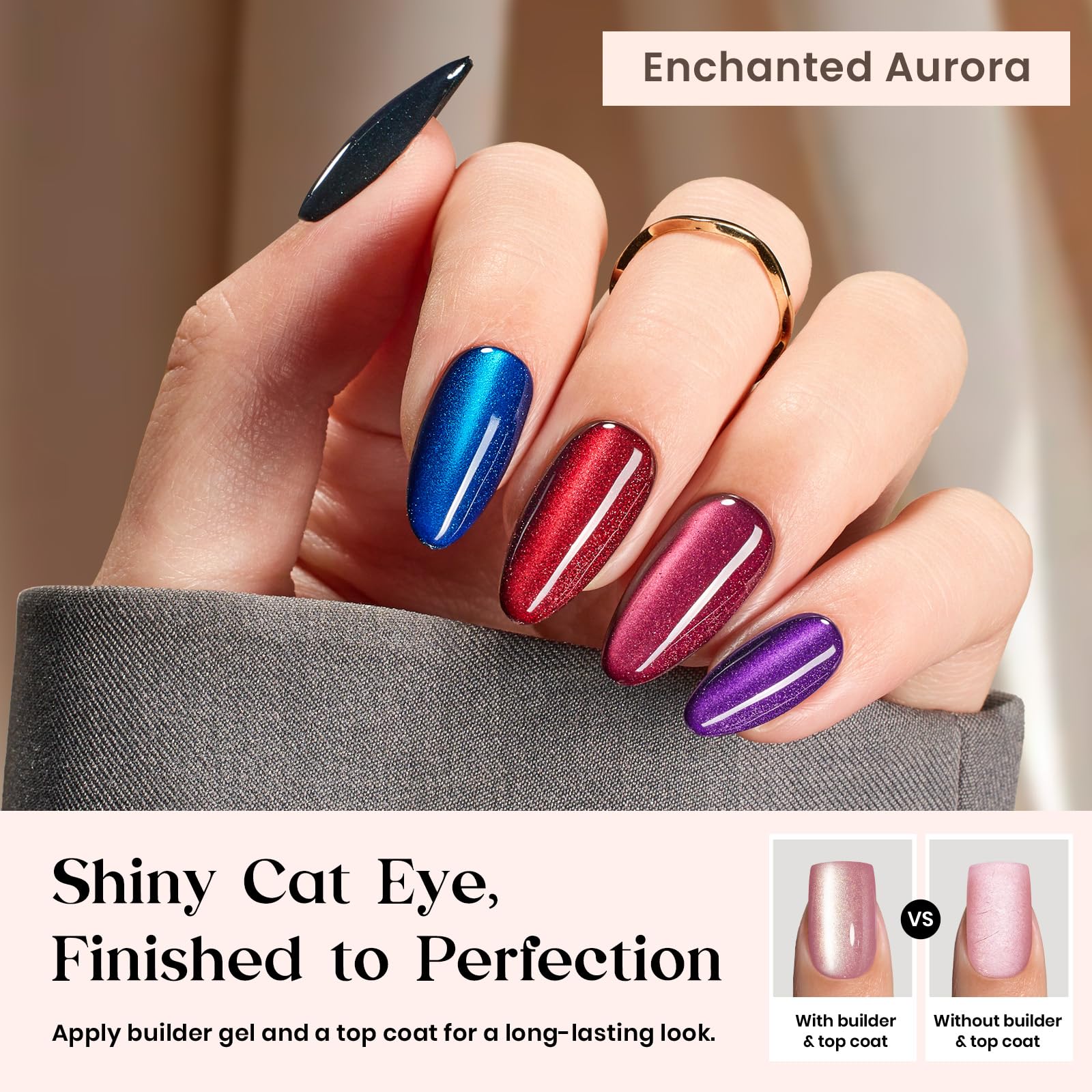 Beetles Cat Eye Nails Kit - Enchanted Aurora | 7 Colors Cat Eye Press On Nails Medium Almond | 224Pcs 16 Sizes All-in-One Kit With Nail Glue,Remover,Builder Top Coat,Nail Lamp Gift beetles Gel PolishAu supplements