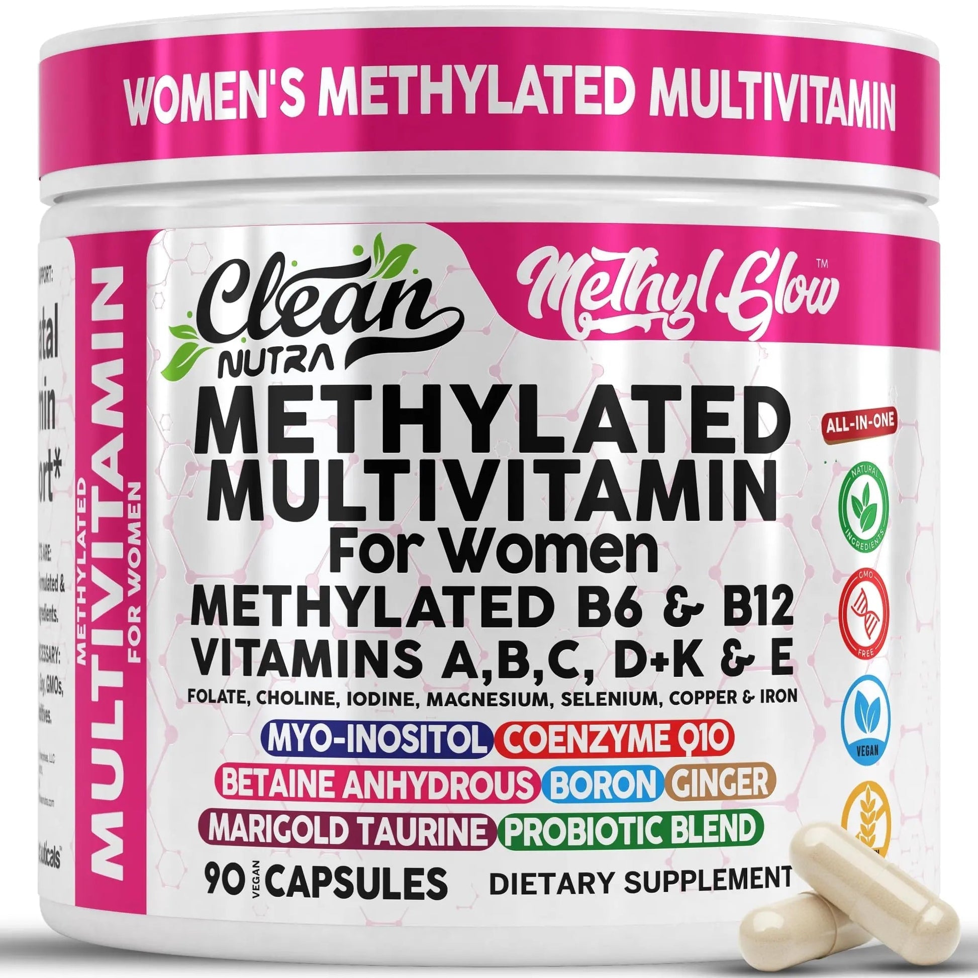 Methylated Multivitamin for Women Vitamins B6 Methyl B12 A B C D K E Folate Choline Omega 3 Thiamine Riboflavin Iron Clean NutraceuticalsAu supplements