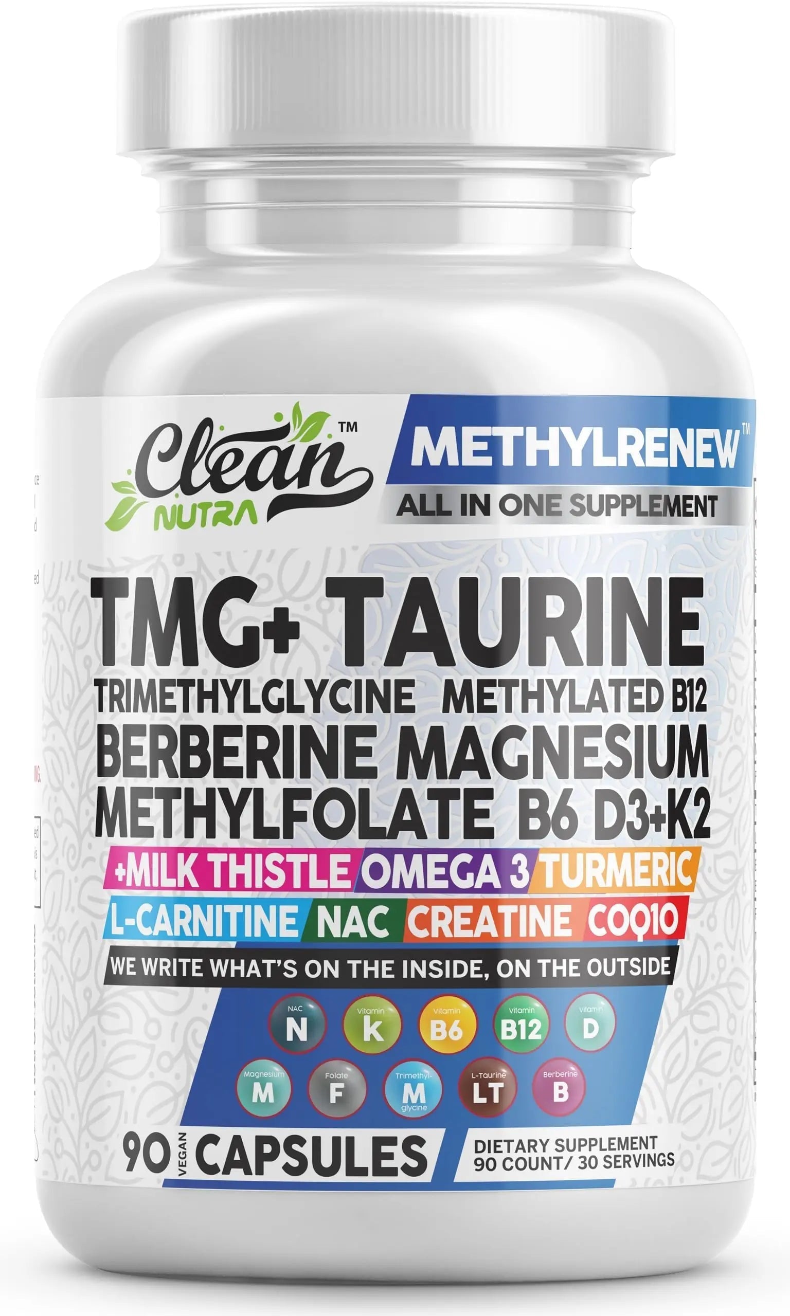 Clean Nutra TMG Supplements 1000mg | Methylated Multivitamin for Women Men | Taurine B6 Vitamins B12 D3 K2 Trimethylglycine Magnesium Clean NutraceuticalsAu supplements