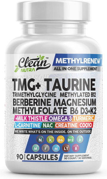 Clean Nutra TMG Supplements 1000mg | Methylated Multivitamin for Women Men | Taurine B6 Vitamins B12 D3 K2 Trimethylglycine Magnesium Clean NutraceuticalsAu supplements