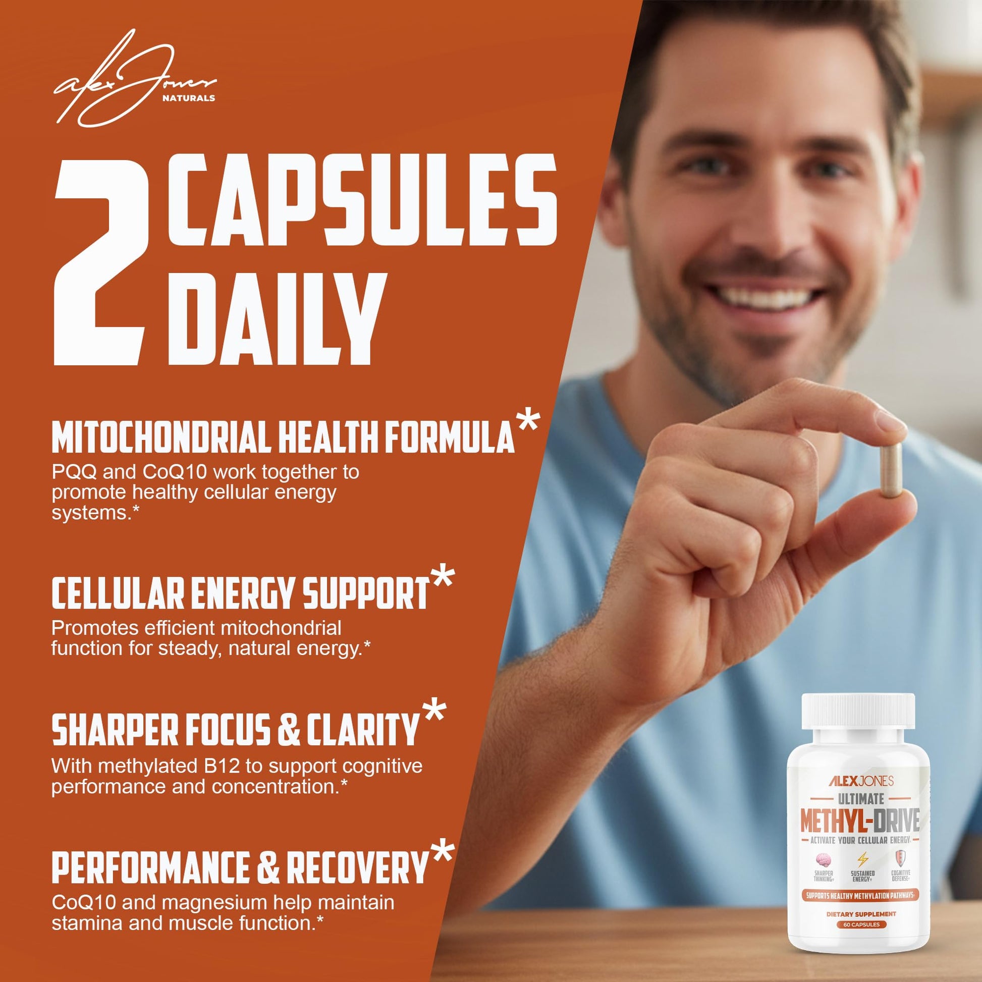 Alex Jones Naturals Methyl Drive Vitamin B Methylated Complex Formula – Mitochondrial Support Supplement w/ CoQ10, PQQ Supplement, Magnesium, B Methylated Complex & BioPerine – 60 Capsules Alex Jones NaturalsAu supplements