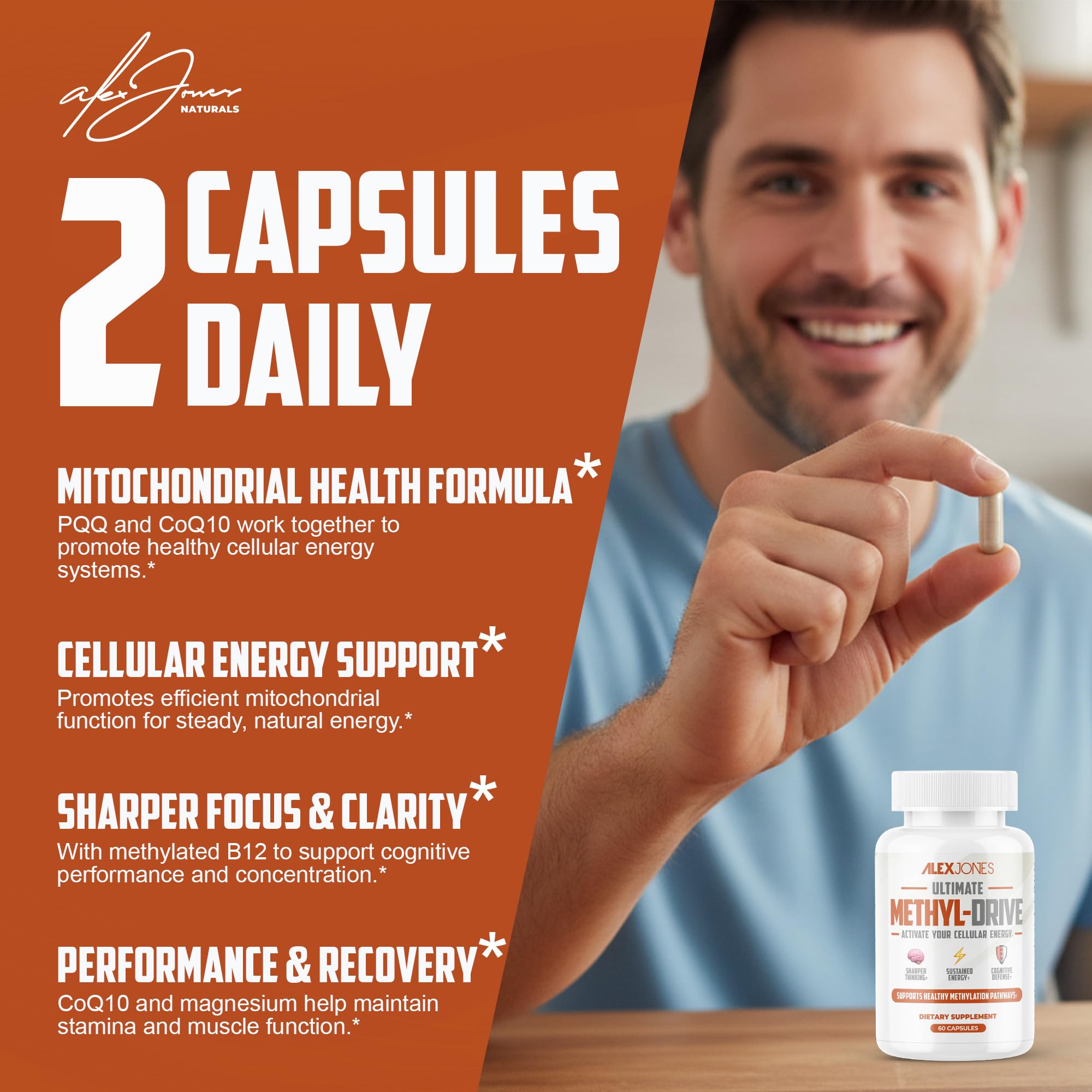 Alex Jones Naturals Methyl Drive Vitamin B Methylated Complex Formula – Mitochondrial Support Supplement w/ CoQ10, PQQ Supplement, Magnesium, B Methylated Complex & BioPerine – 60 Capsules Alex Jones NaturalsAu supplements