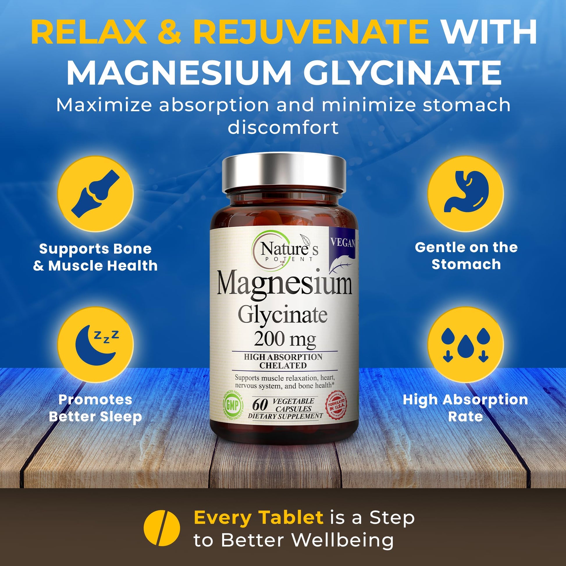 Nature’s Potent Magnesium Glycinate 200mg | High Absorption Chelated Magnesium | Sleep, Calm & Muscle Cramp Support | Vegan Supplement | 60 Capsules Nature's PotentAu supplements