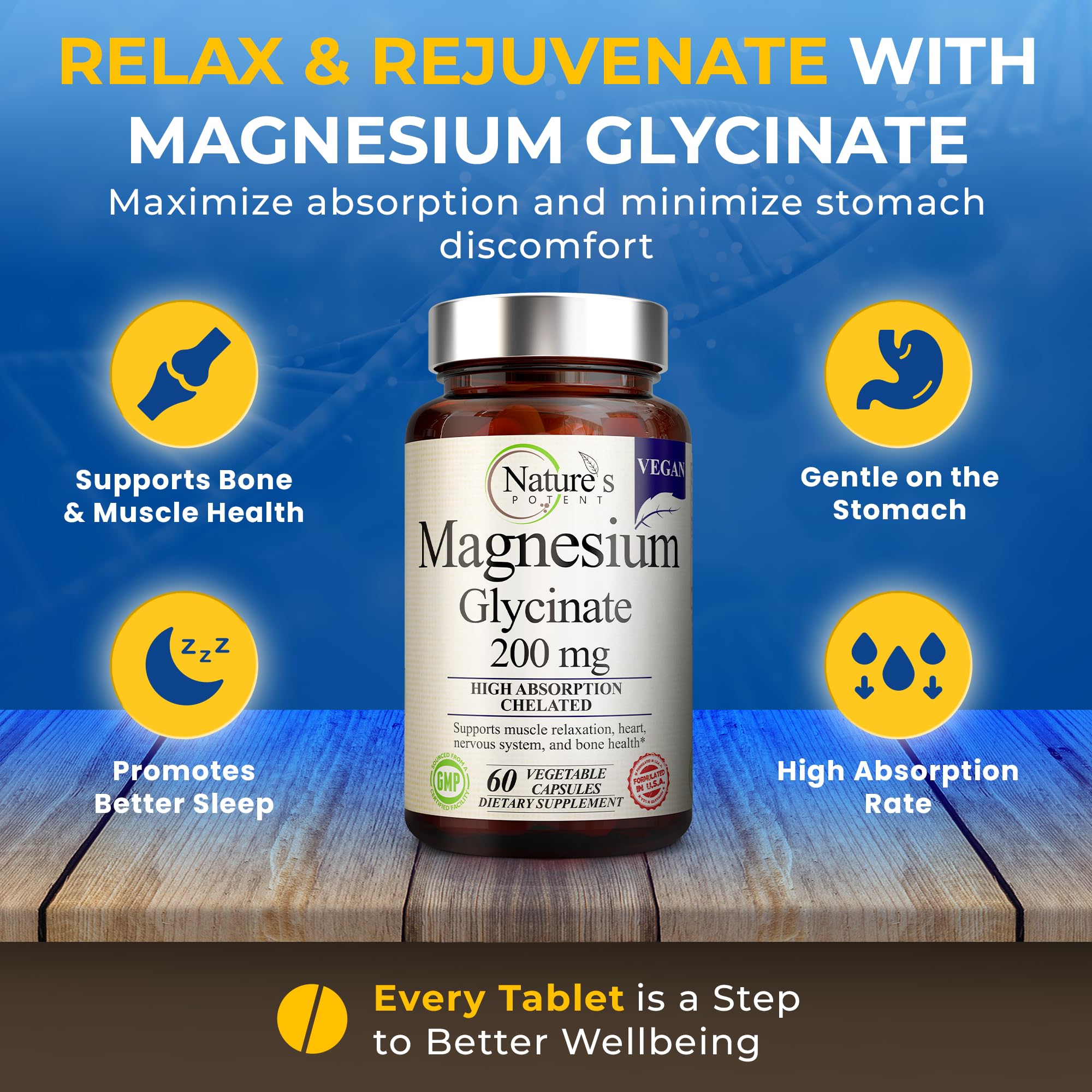 Nature’s Potent Magnesium Glycinate 200mg | High Absorption Chelated Magnesium | Sleep, Calm & Muscle Cramp Support | Vegan Supplement | 60 Capsules Nature's PotentAu supplements