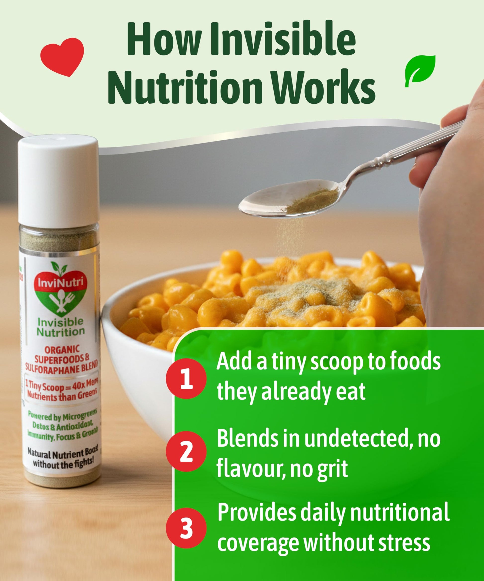 InviNutri Superfood Powder for Sensory & Picky Eaters. A TINY scoop- 40x Nutrient-Rich, 30mg Sulforaphane for Detox. Organic Microgreens, Fruits & Veggies - Blends Invisibly into Most Meals - 24 serv. InviNutri Invisible NutritionAu supplements
