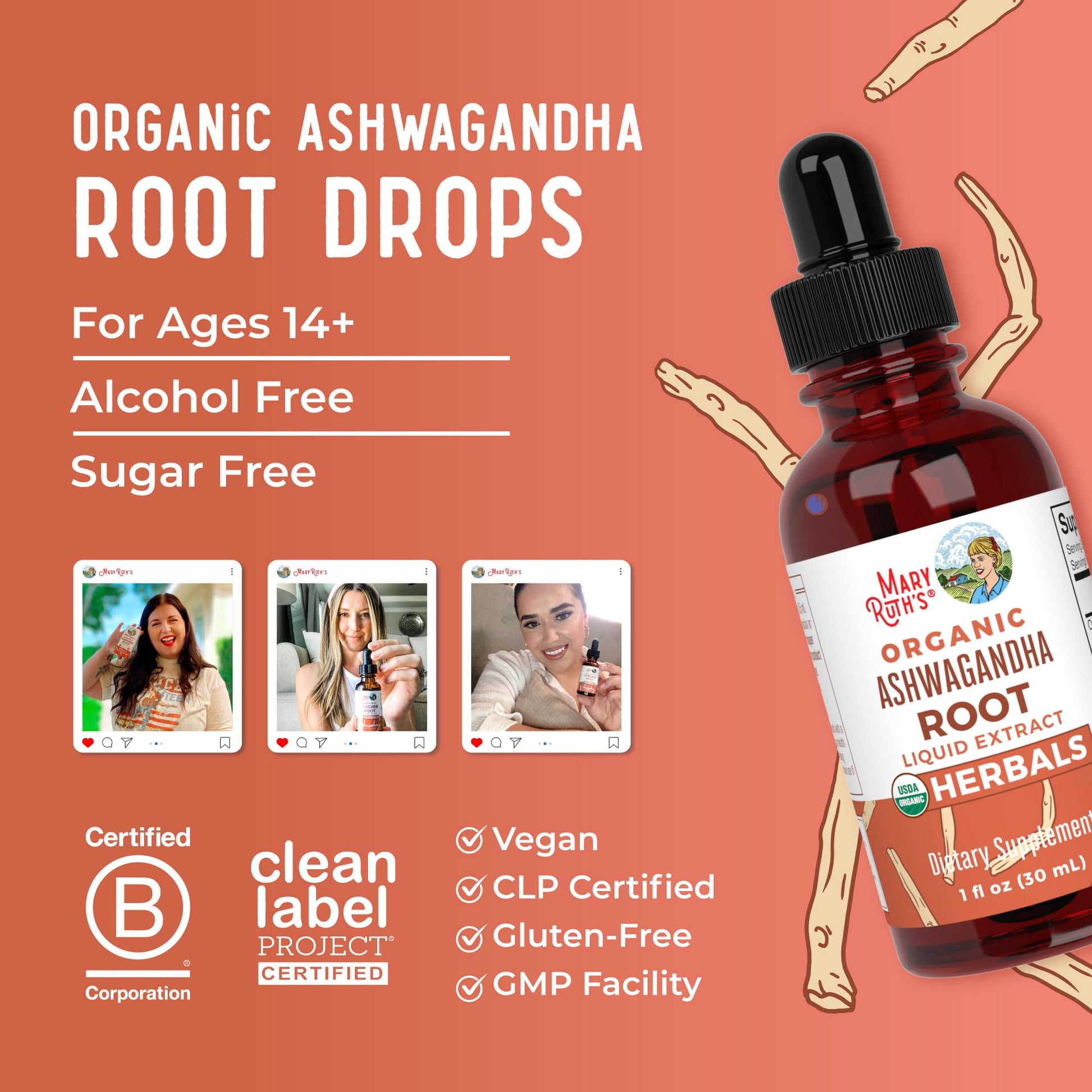 MaryRuth Organics Ashwagandha Root | USDA Organic Ashwagandha Liquid Drops | Stress Relief, Natural Calm, Relaxation and Mood Support Supplement | Adaptogenic | Nervine | Vegan | Non-GMO | 60 Servings MARYRUTH'SUS supplements