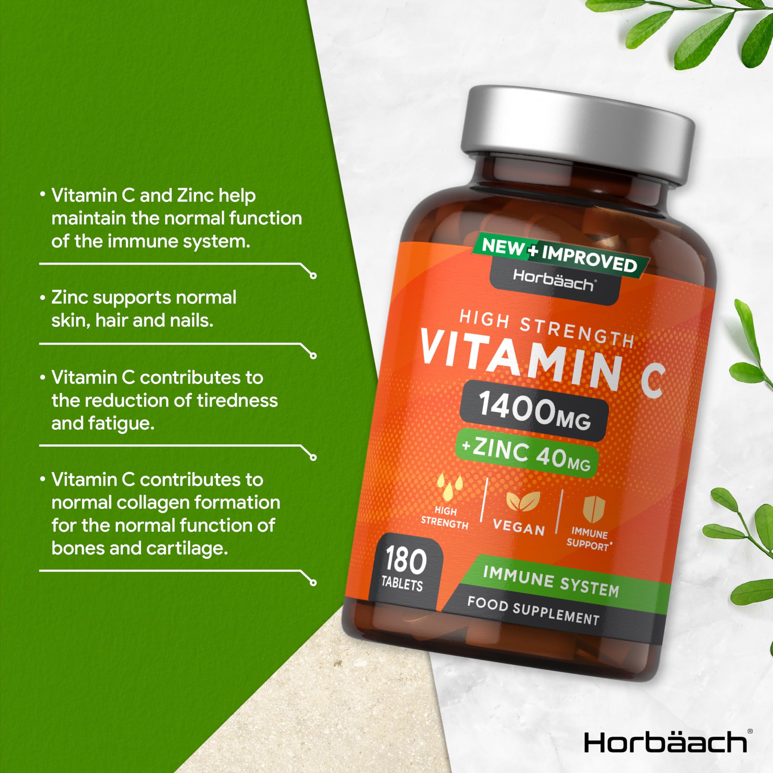 Vitamin C and Zinc | 180 Vegan Tablets | High Strength Vitamin C 1400mg and Zinc 40mg HorbäachUS supplements